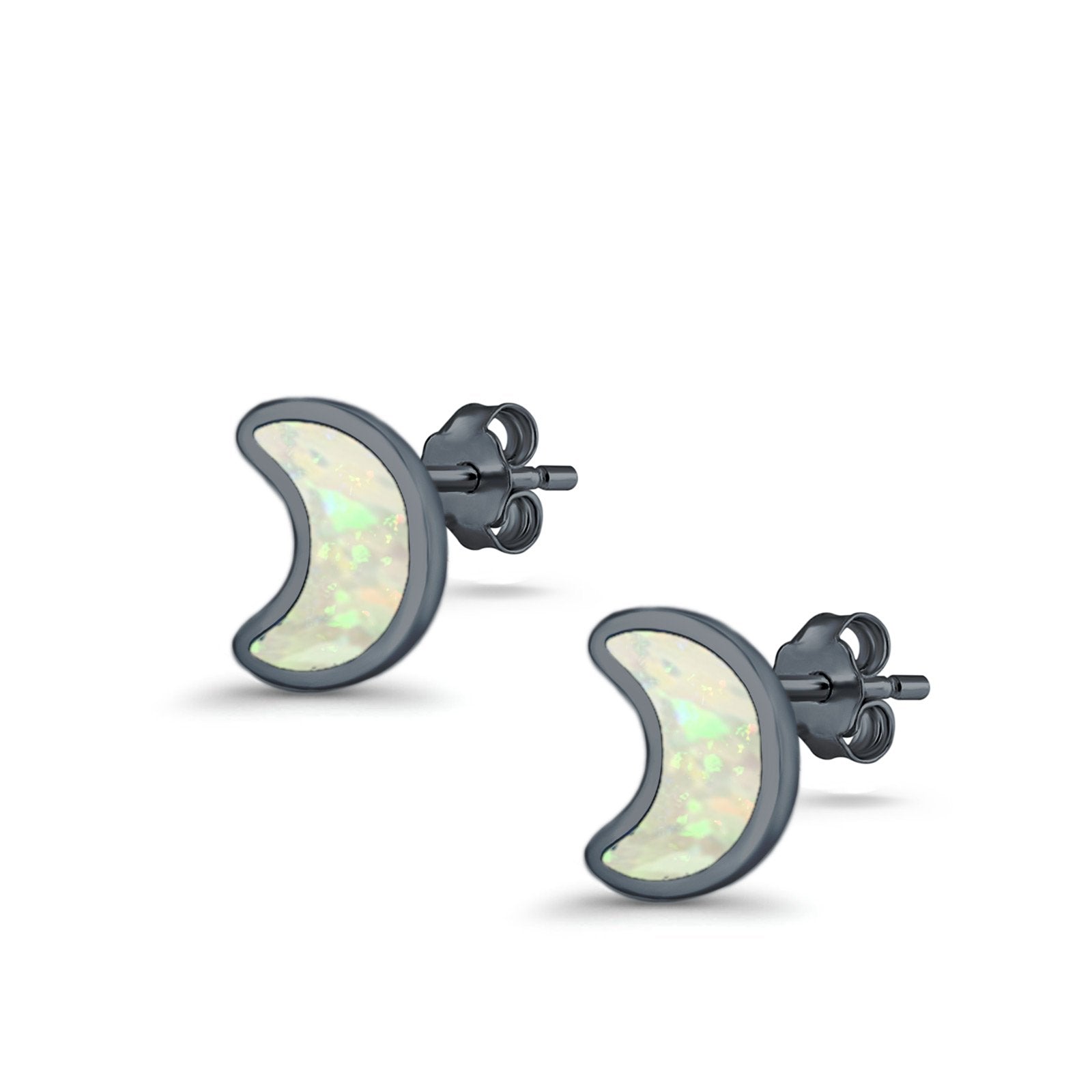 Moon Stud Earrings Lab Created Opal 925 Sterling Silver (14mm)