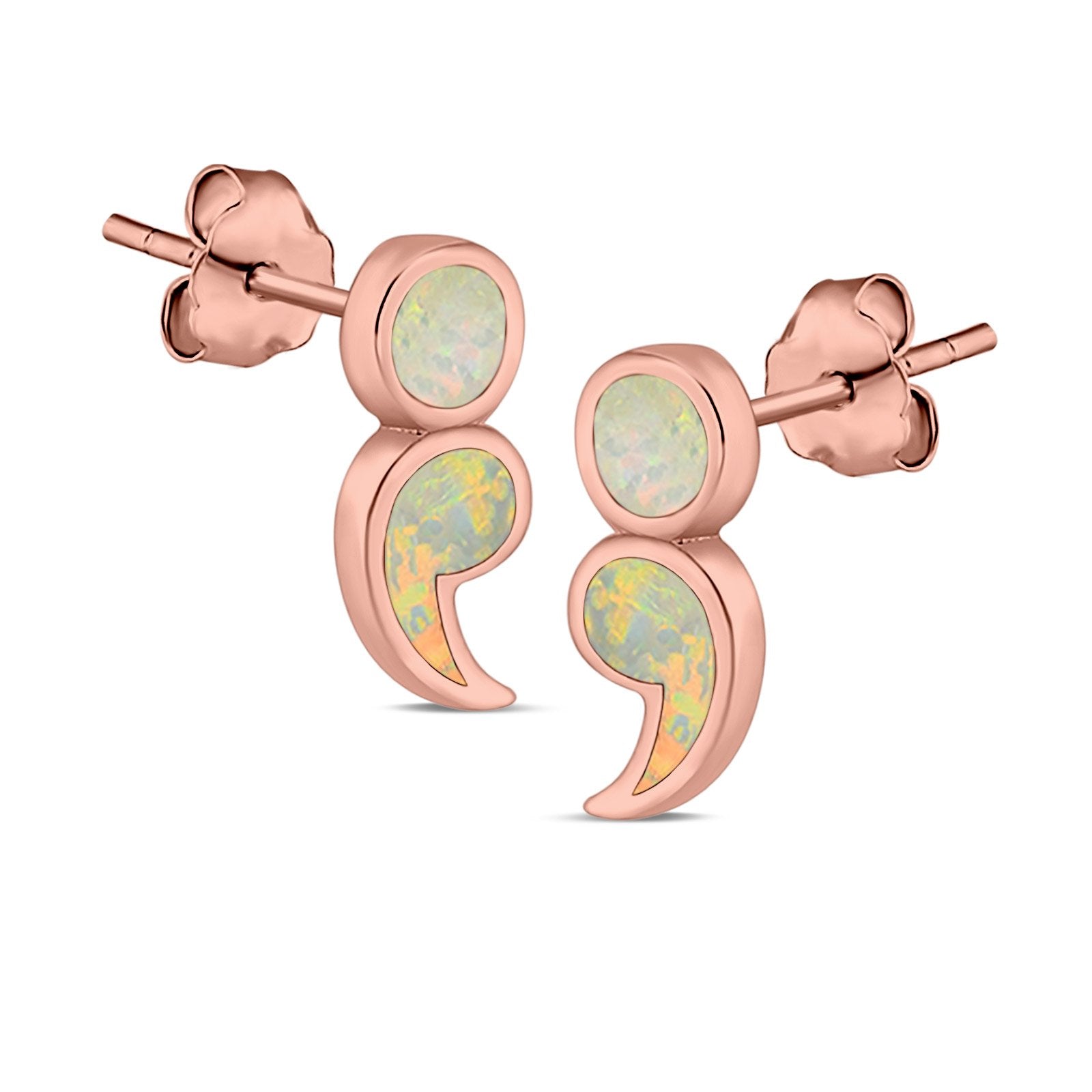 Semicolon Stud Earrings Lab Created Opal 925 Sterling Silver (11mm)