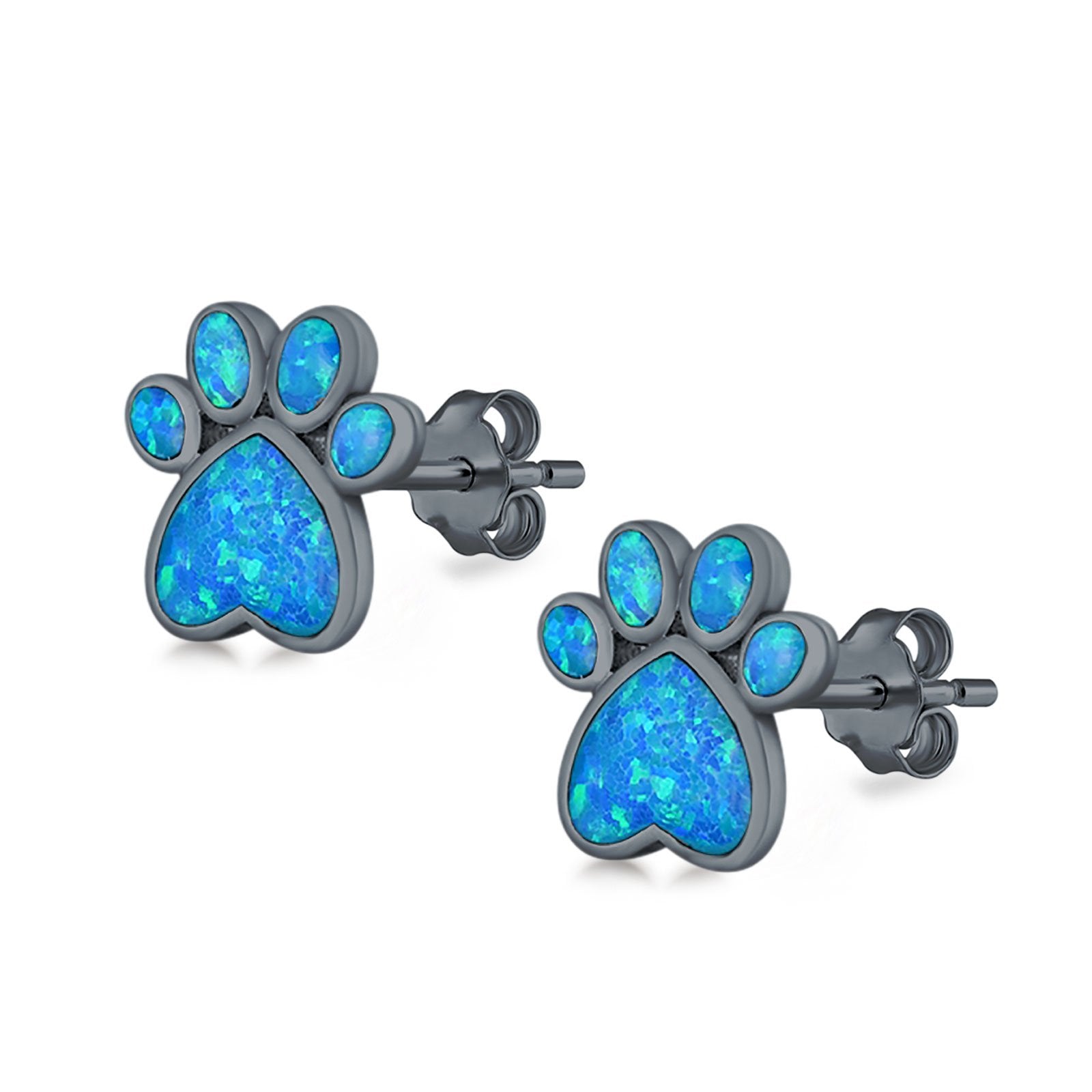 Paw Prints Stud Earrings Lab Created Opal 925 Sterling Silver (10mm)