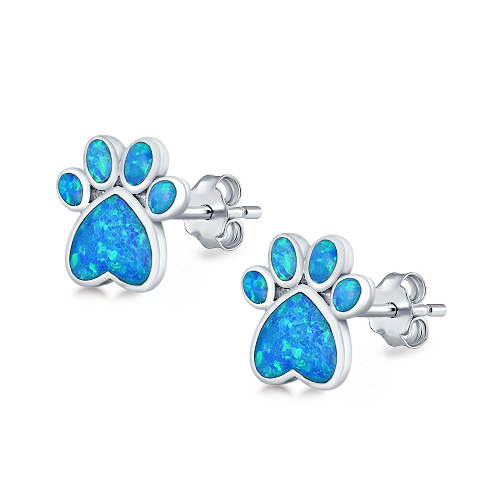 Paw Prints Stud Earrings Lab Created Opal 925 Sterling Silver (10mm)