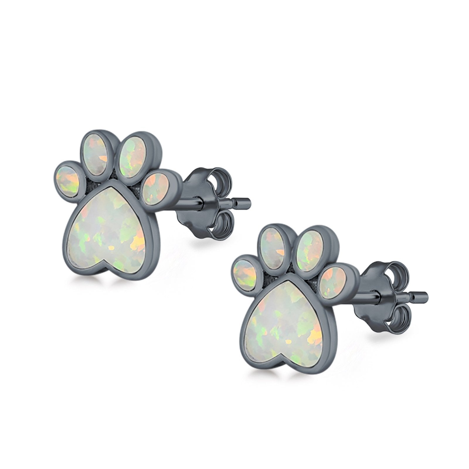 Paw Prints Stud Earrings Lab Created Opal 925 Sterling Silver (10mm)