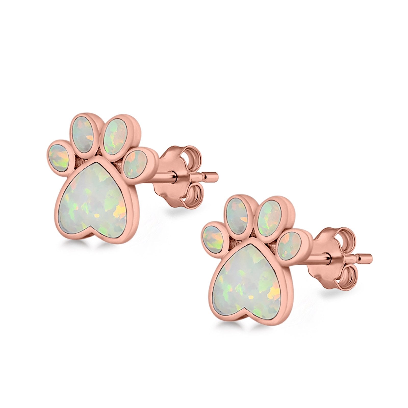 Paw Prints Stud Earrings Lab Created Opal 925 Sterling Silver (10mm)