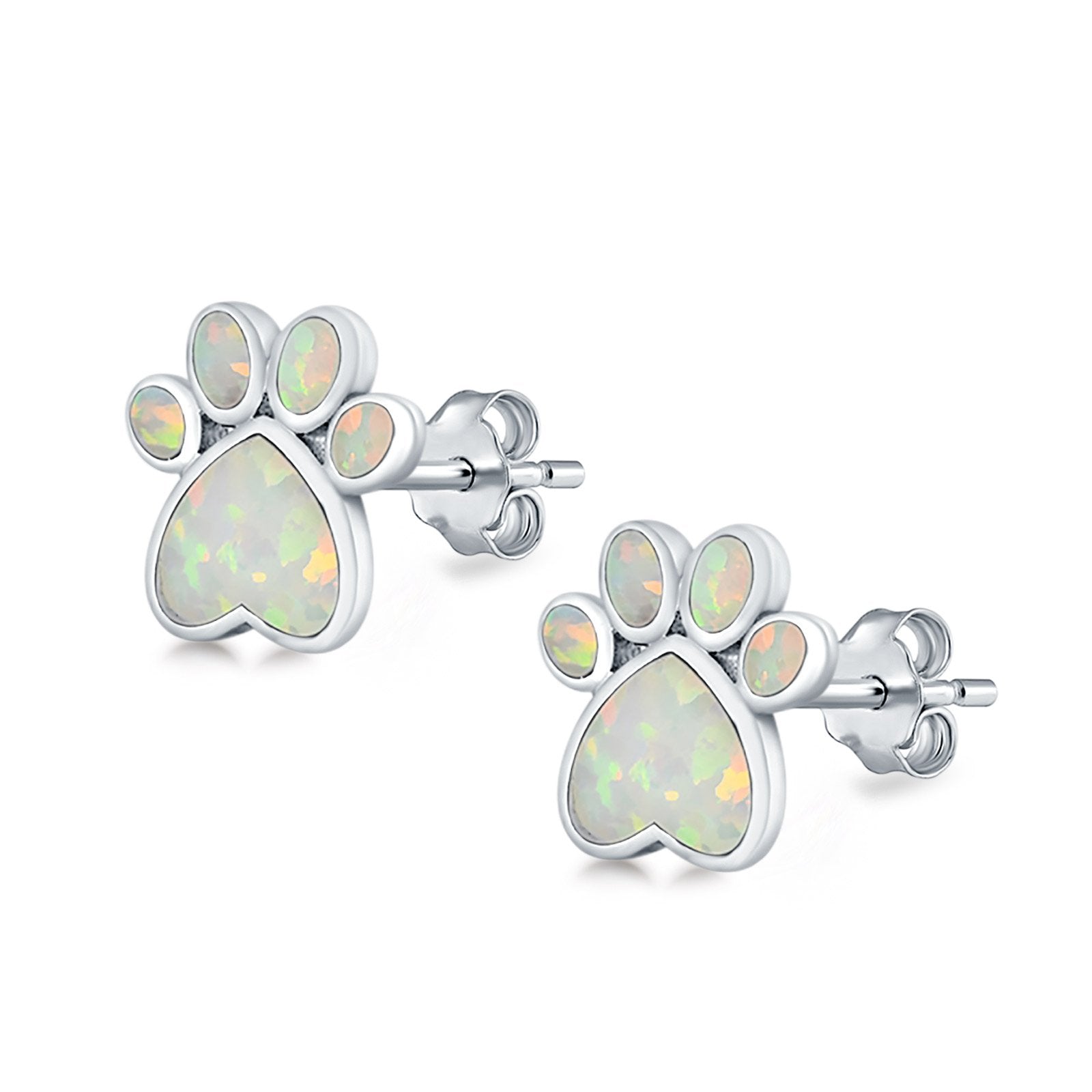 Paw Prints Stud Earrings Lab Created Opal 925 Sterling Silver (10mm)