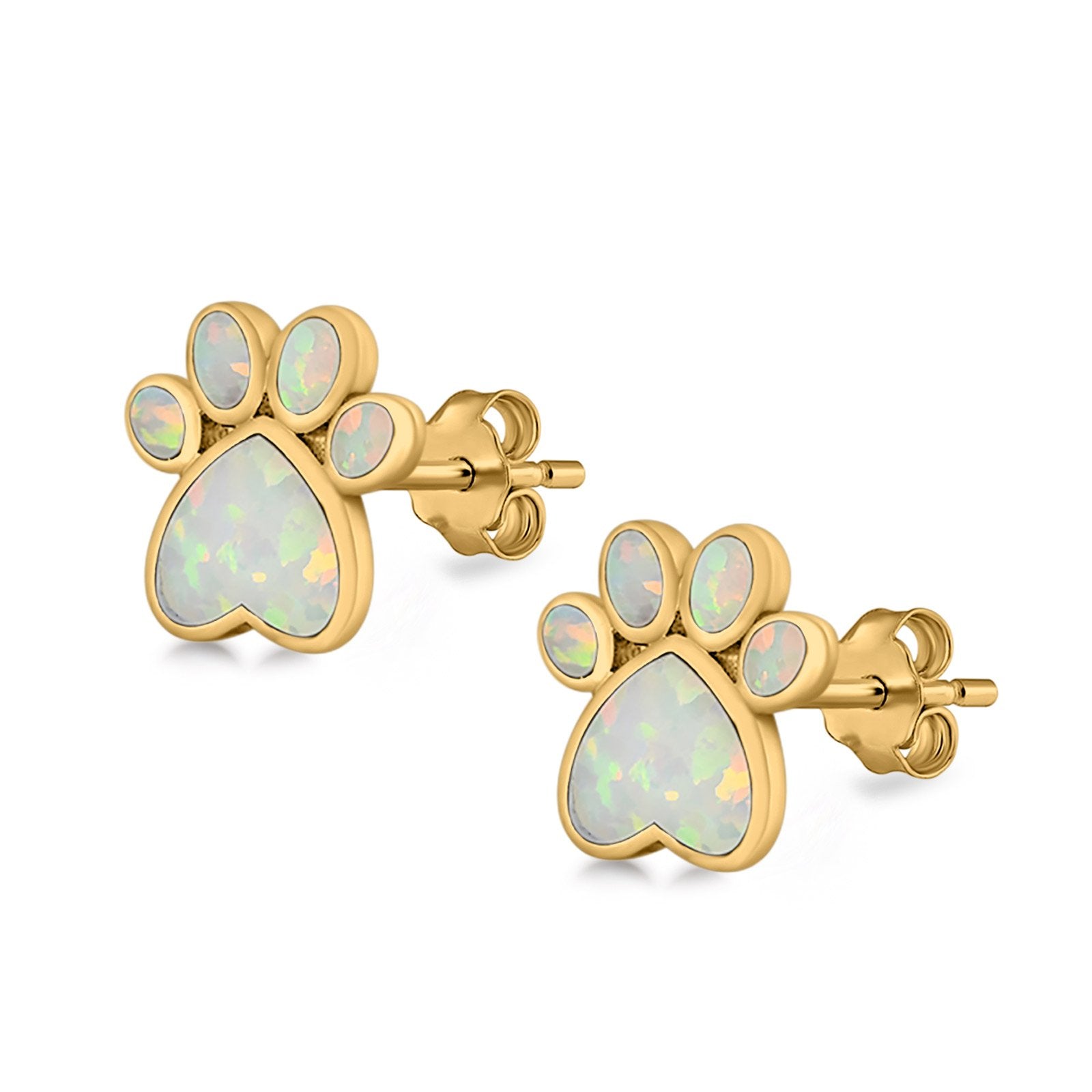 Paw Prints Stud Earrings Lab Created Opal 925 Sterling Silver (10mm)