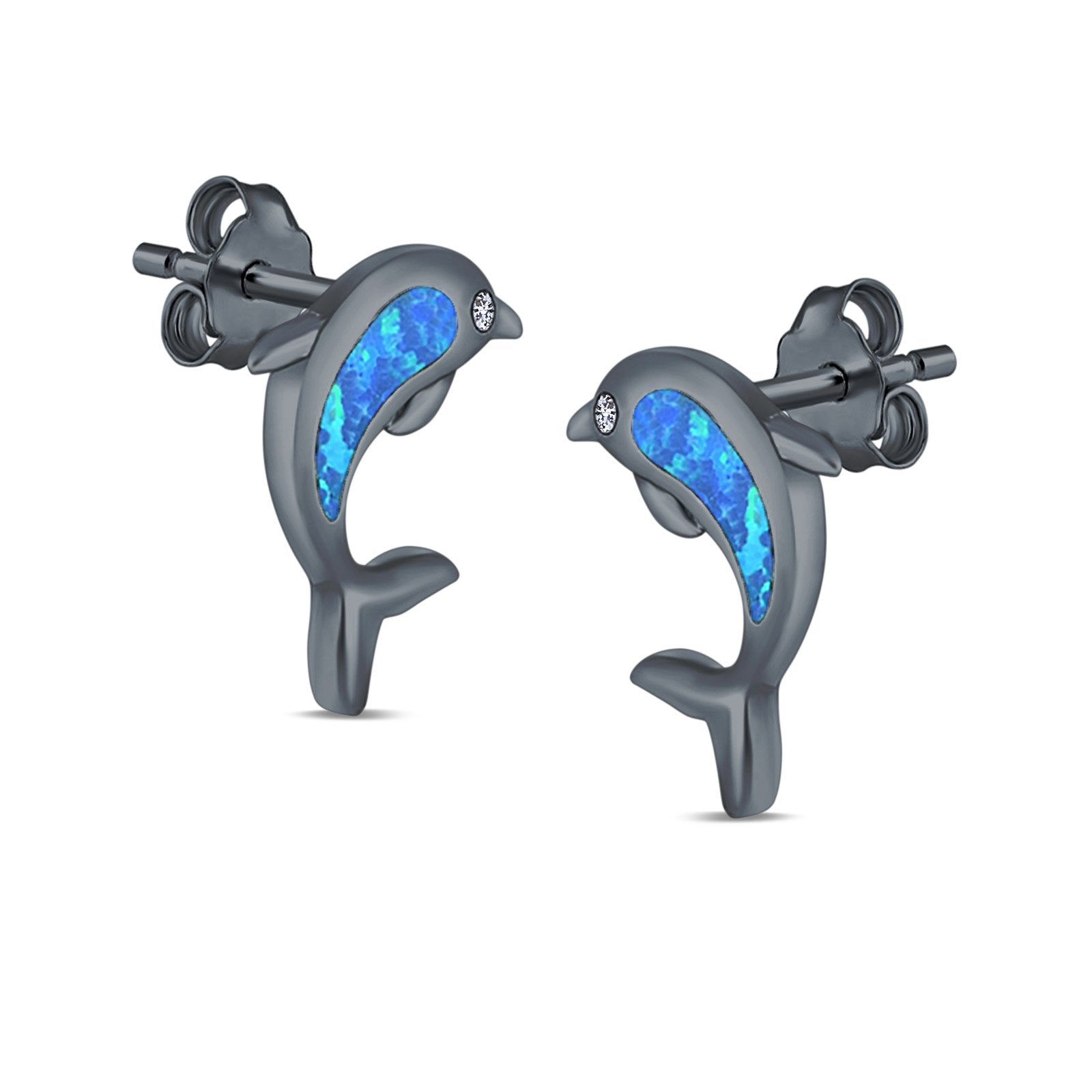 Dolphin Stud Earrings Lab Created Opal 925 Sterling Silver (13mm)