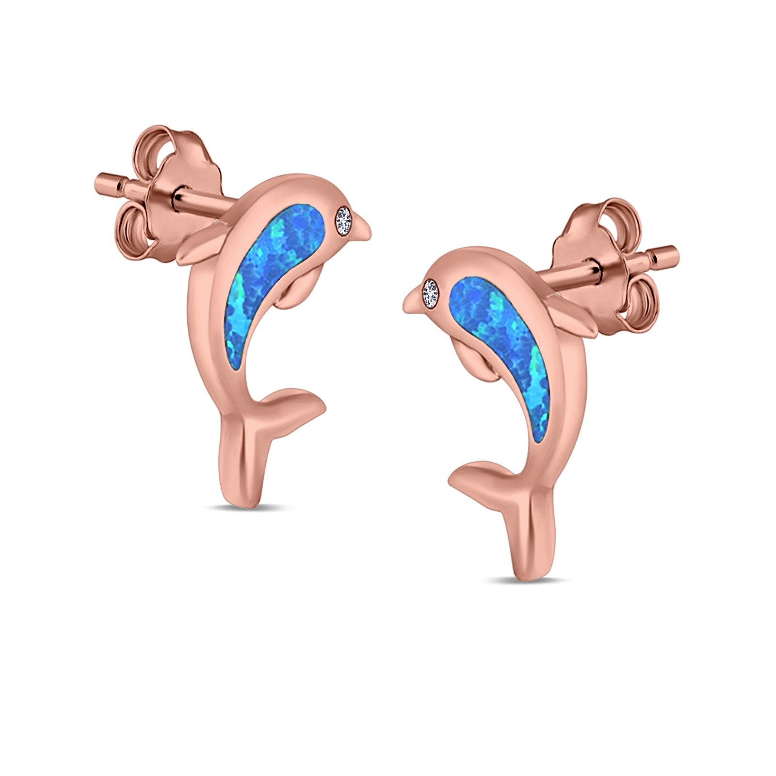 Dolphin Stud Earrings Lab Created Opal 925 Sterling Silver (13mm)