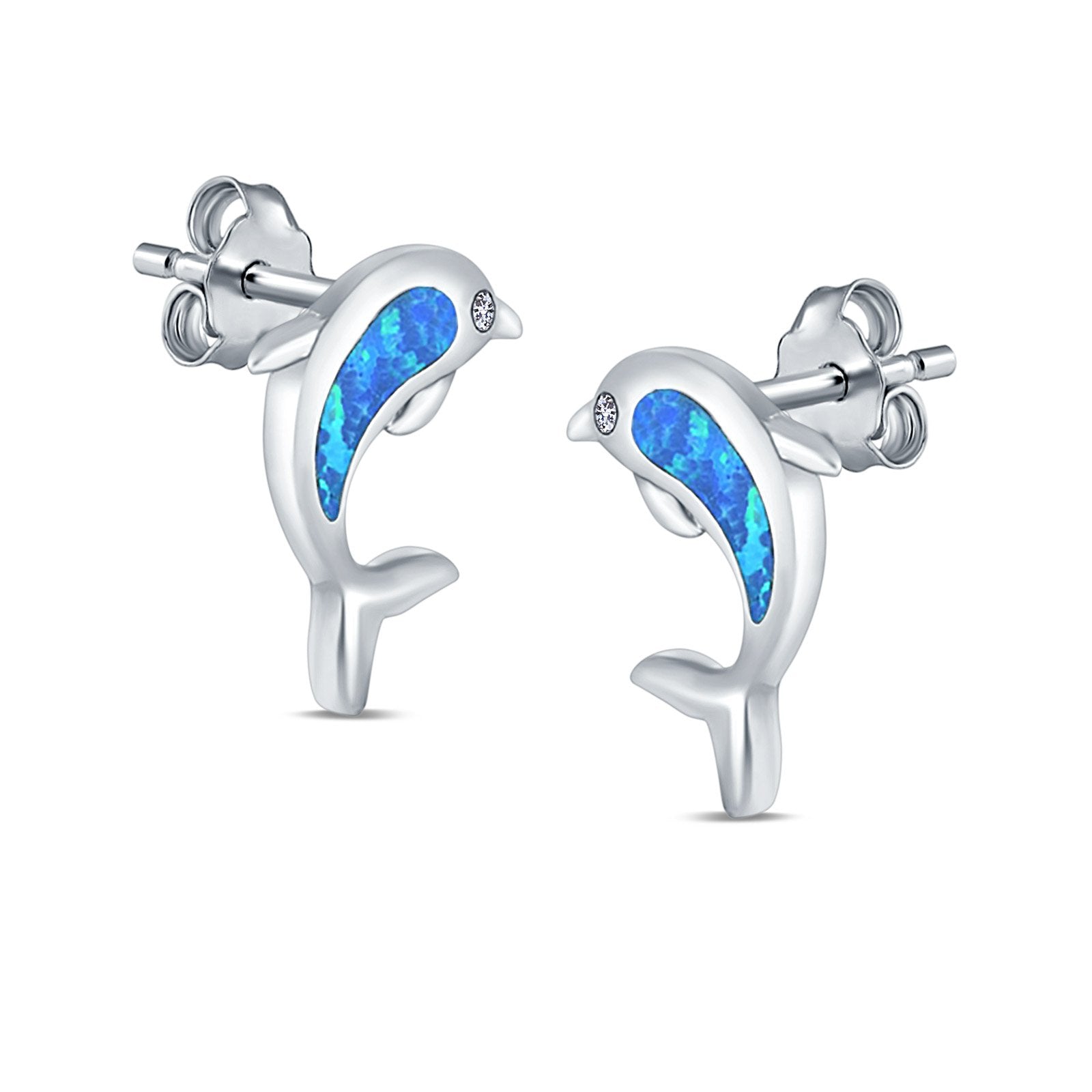 Dolphin Stud Earrings Lab Created Opal 925 Sterling Silver (13mm)