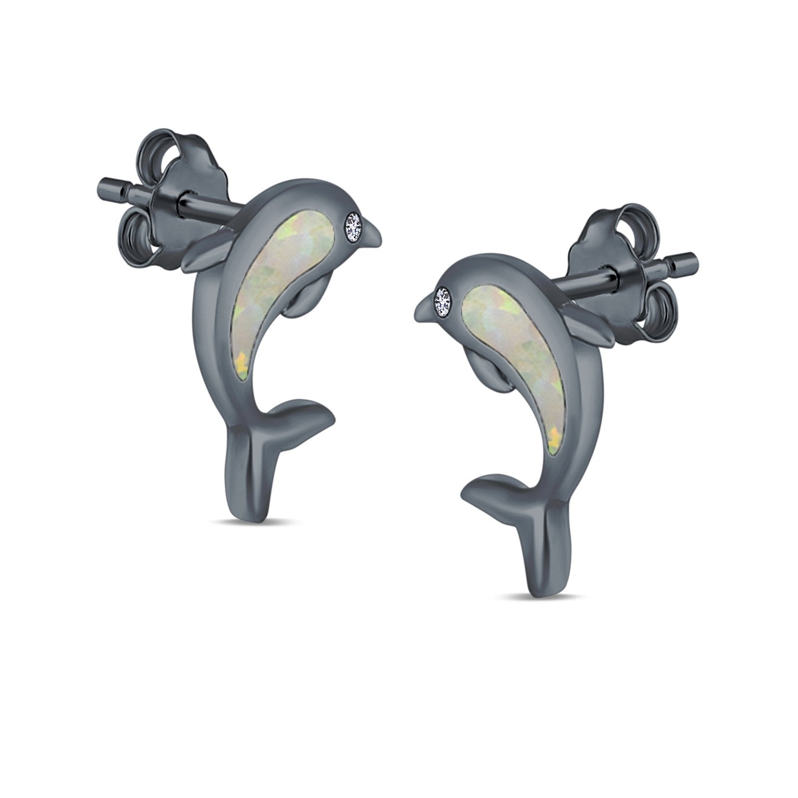 Dolphin Stud Earrings Lab Created Opal 925 Sterling Silver (13mm)
