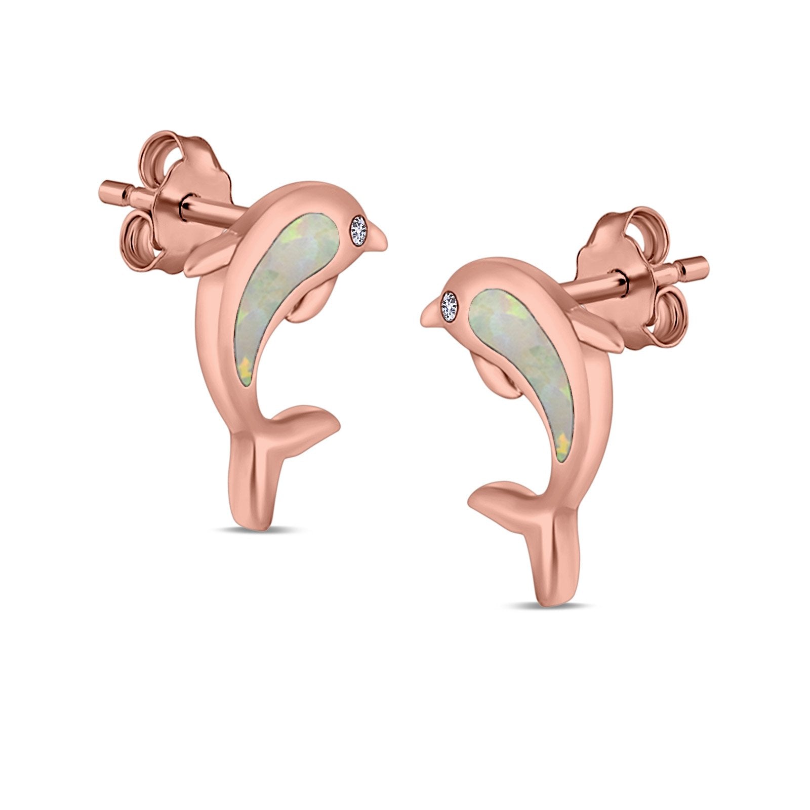 Dolphin Stud Earrings Lab Created Opal 925 Sterling Silver (13mm)