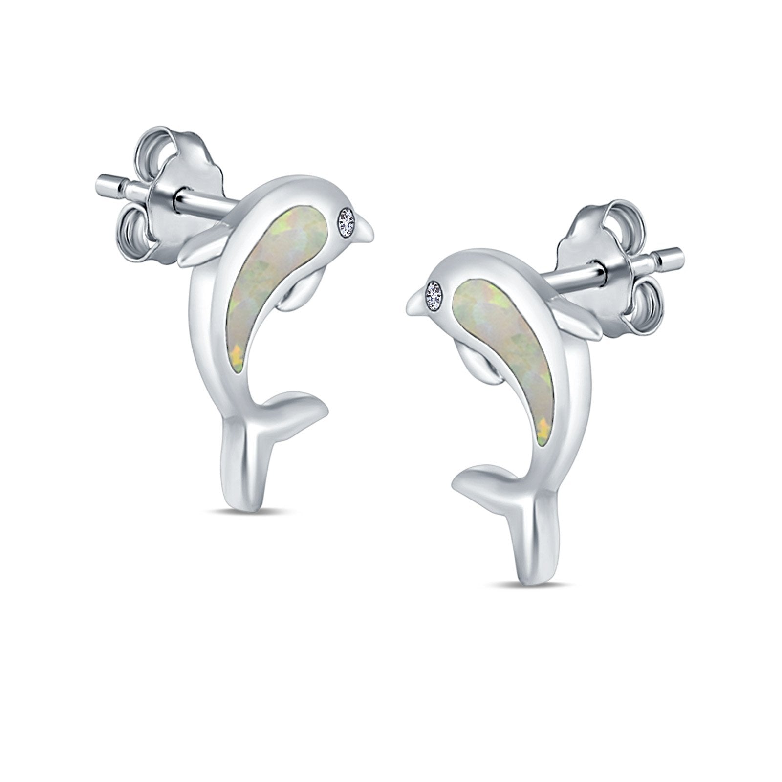 Dolphin Stud Earrings Lab Created Opal 925 Sterling Silver (13mm)