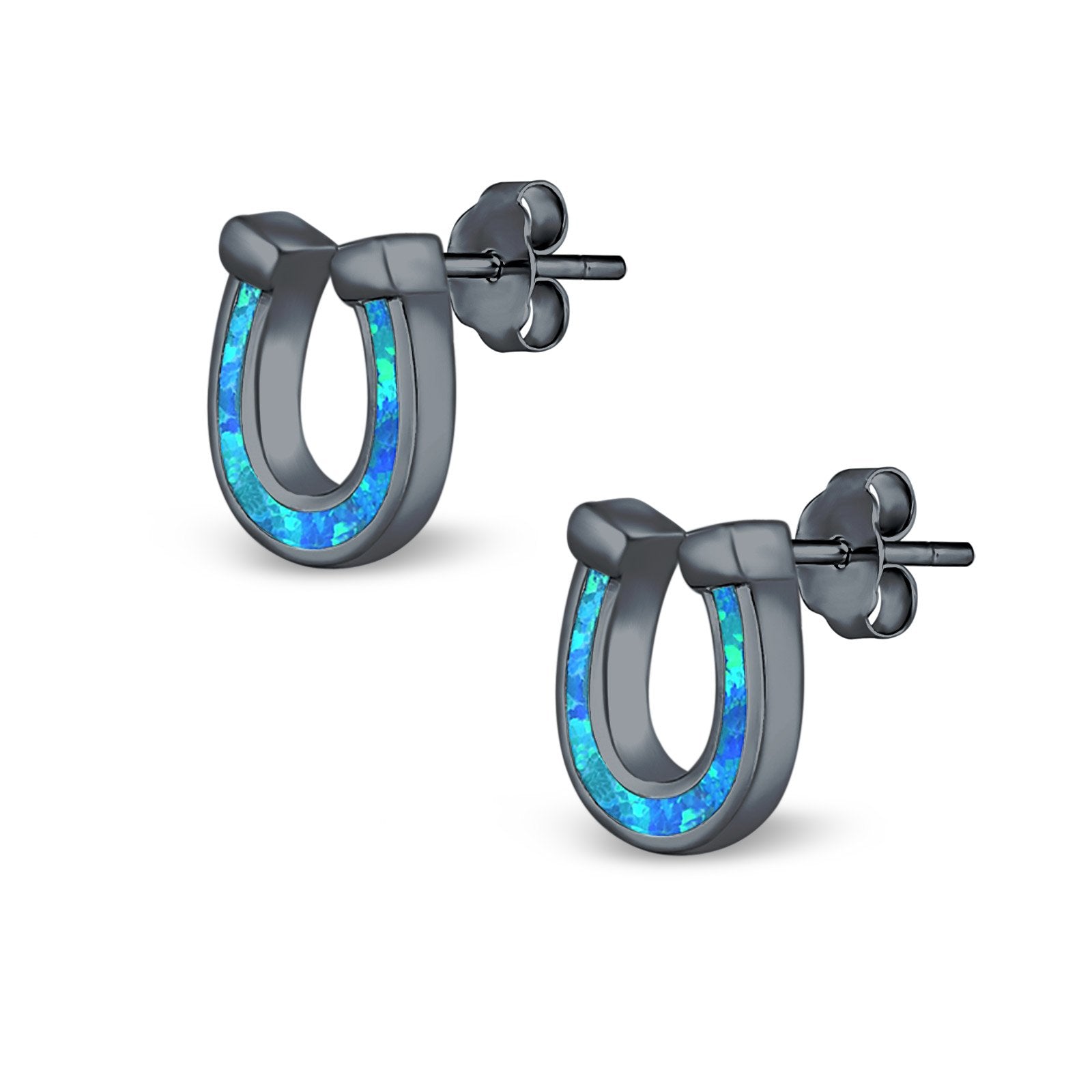 Horseshoe Stud Earrings Lab Created Opal 925 Sterling Silver (9mm)