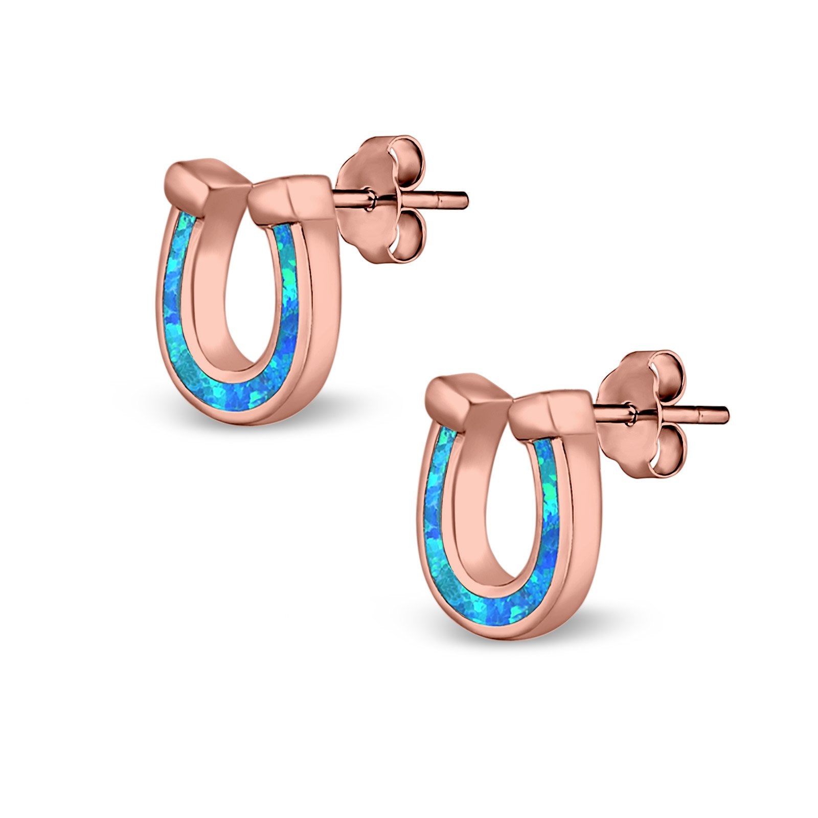 Horseshoe Stud Earrings Lab Created Opal 925 Sterling Silver (9mm)