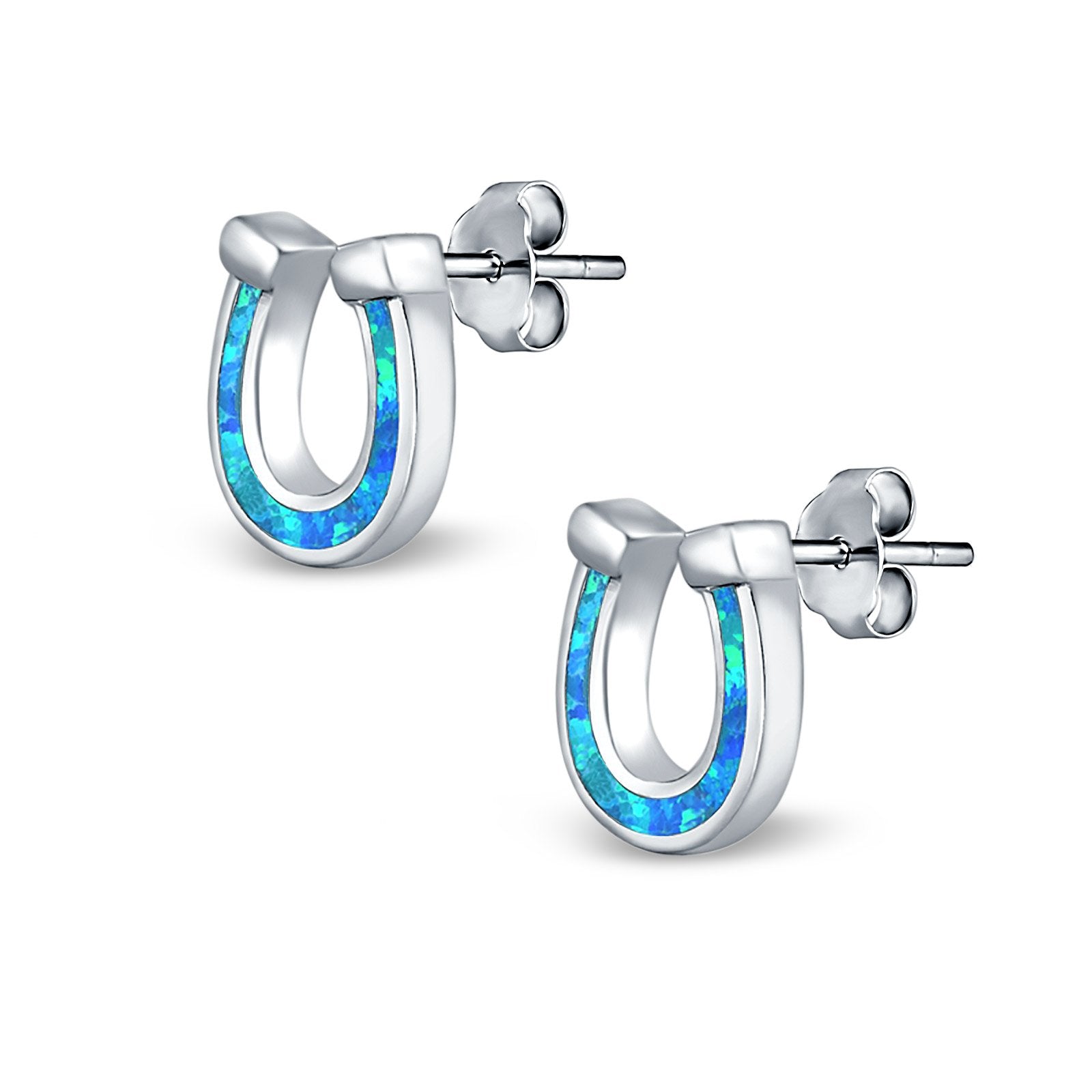 Horseshoe Stud Earrings Lab Created Opal 925 Sterling Silver (9mm)