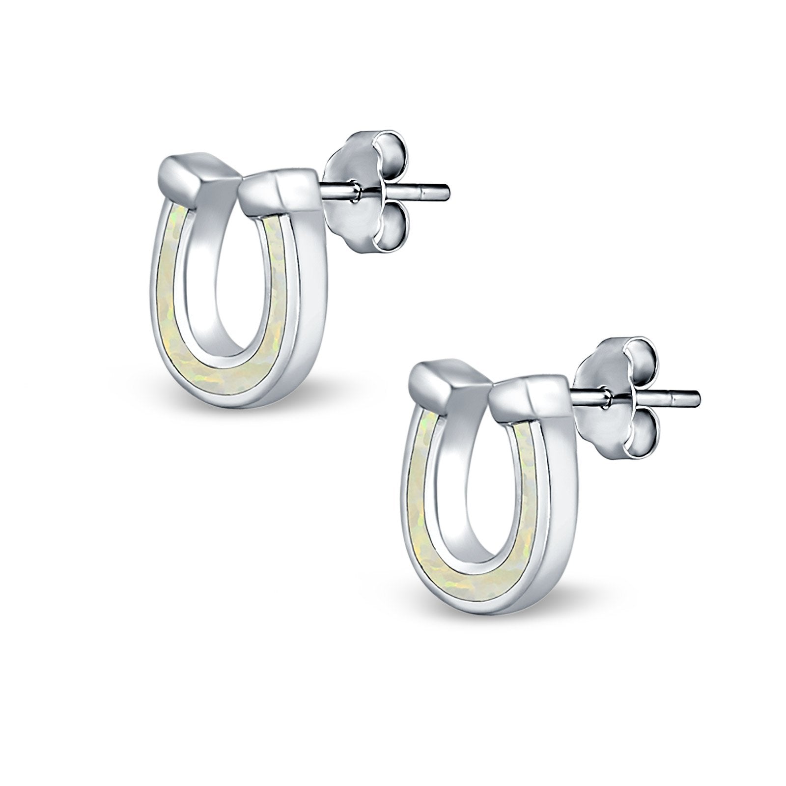 Horseshoe Stud Earrings Lab Created Opal 925 Sterling Silver (9mm)