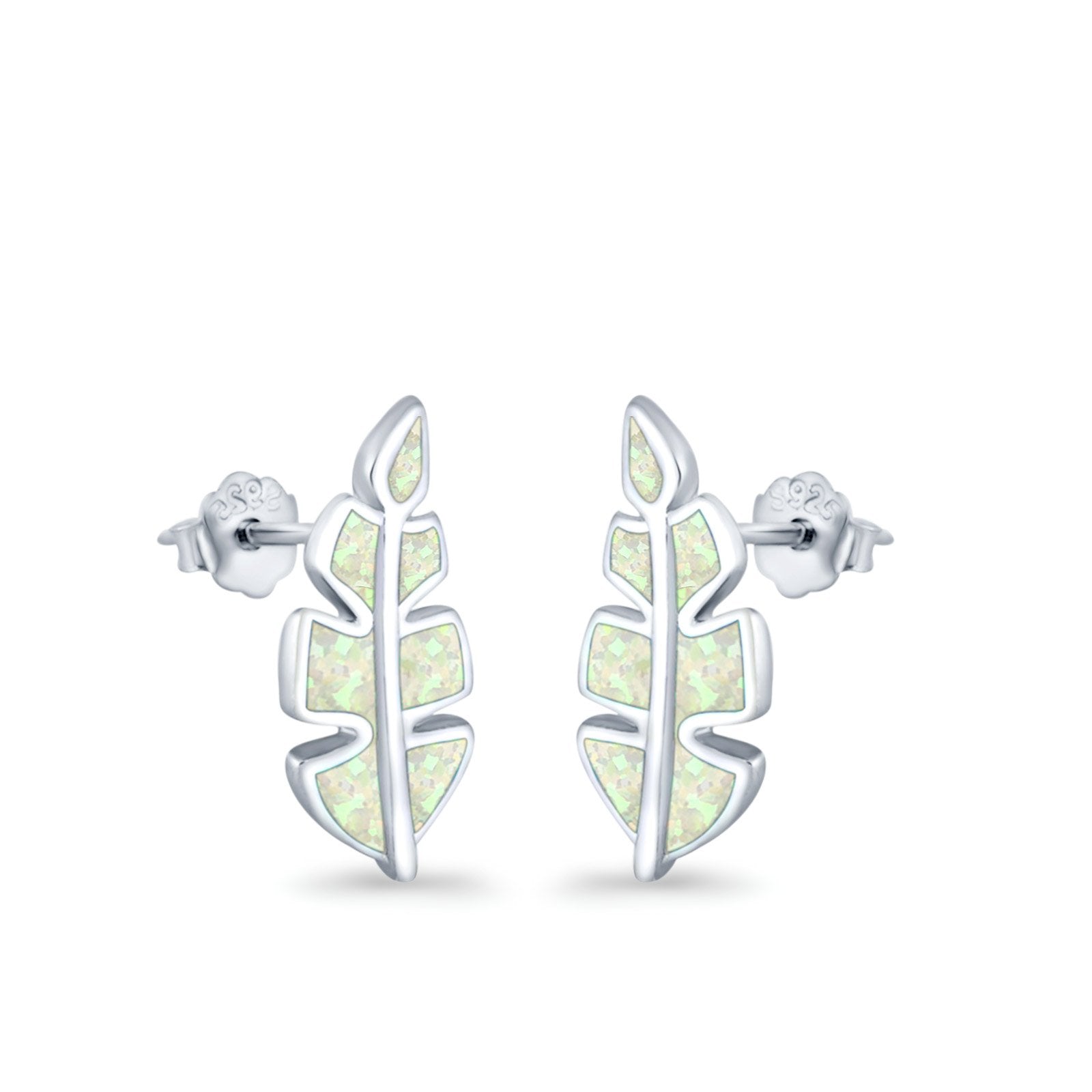 Leaf Stud Earrings Lab Created Opal 925 Sterling Silver (14mm)