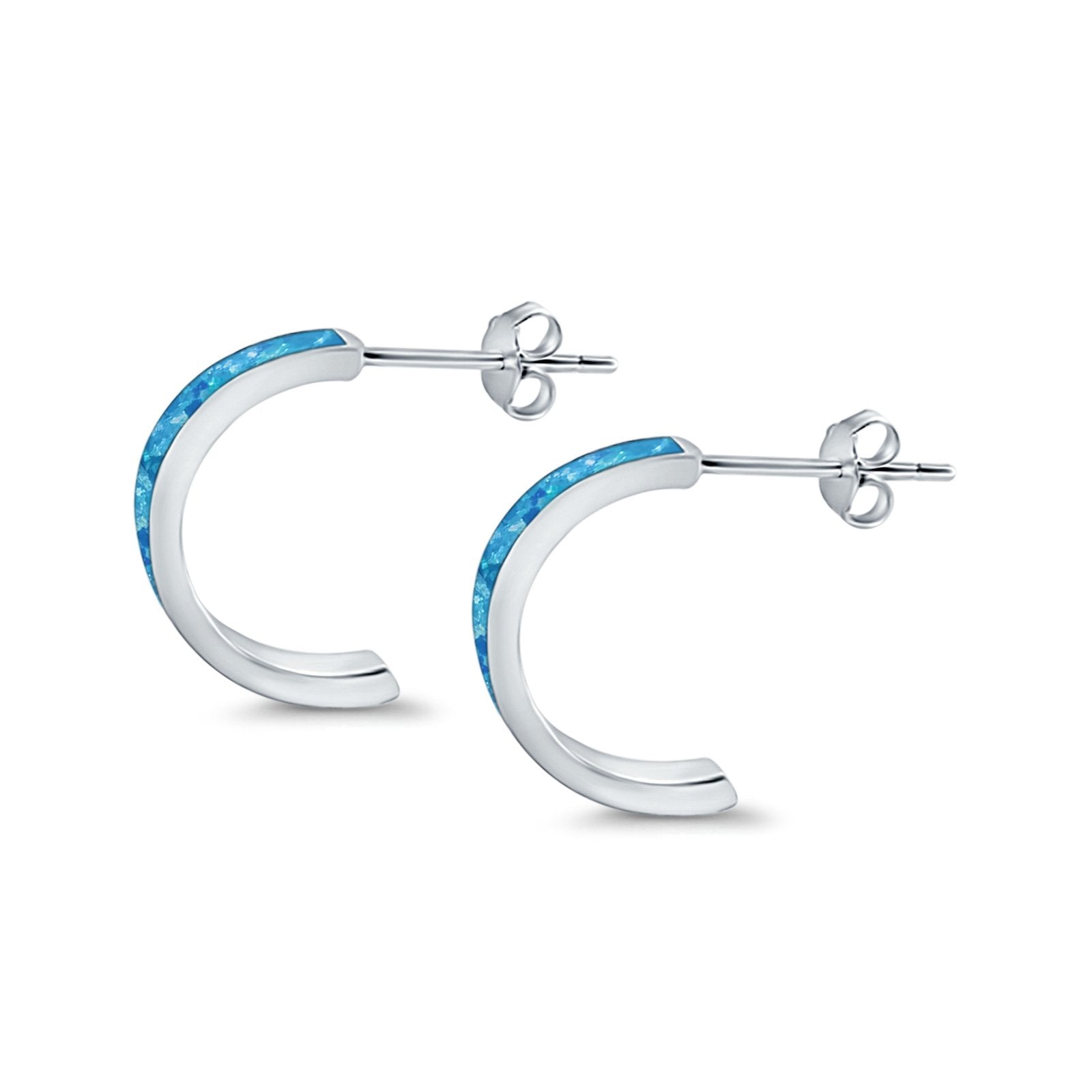 Half Hoop Stud Earrings Lab Created Opal 925 Sterling Silver (15mm)