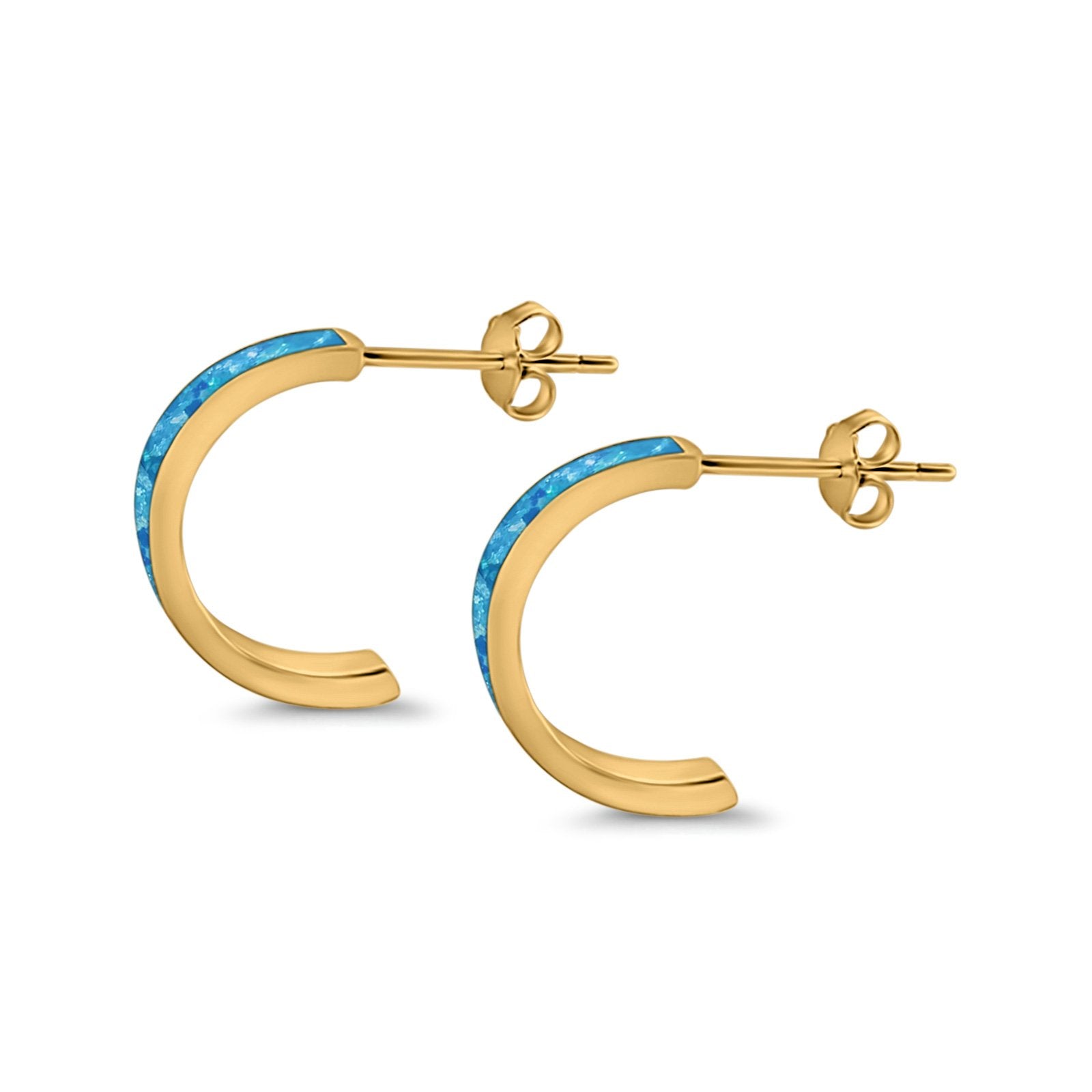 Half Hoop Stud Earrings Lab Created Opal 925 Sterling Silver (15mm)