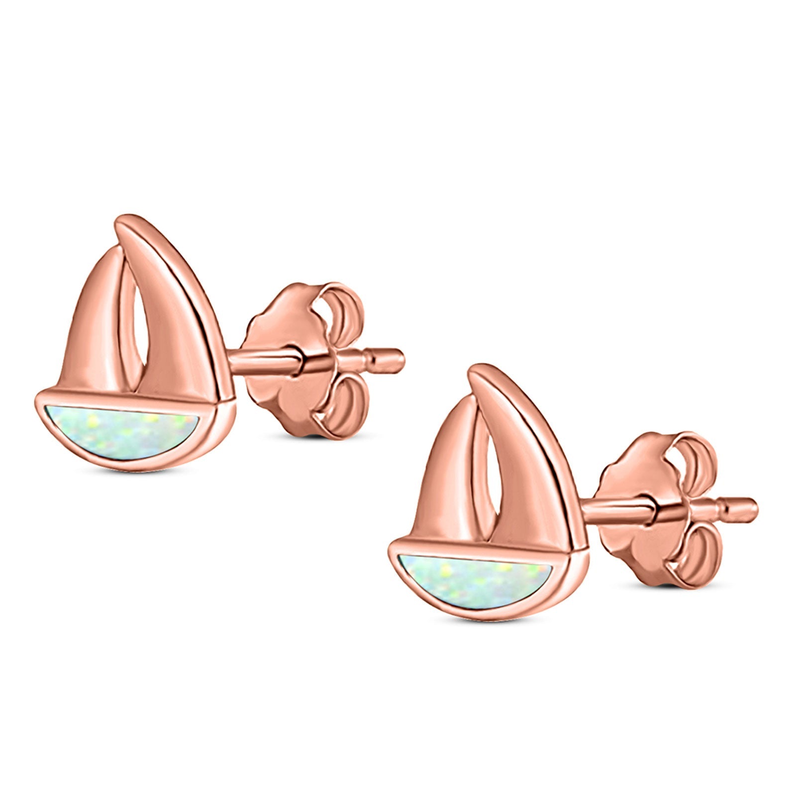 Sail Boat Stud Earring Created Opal Solid 925 Sterling Silver (9mm)