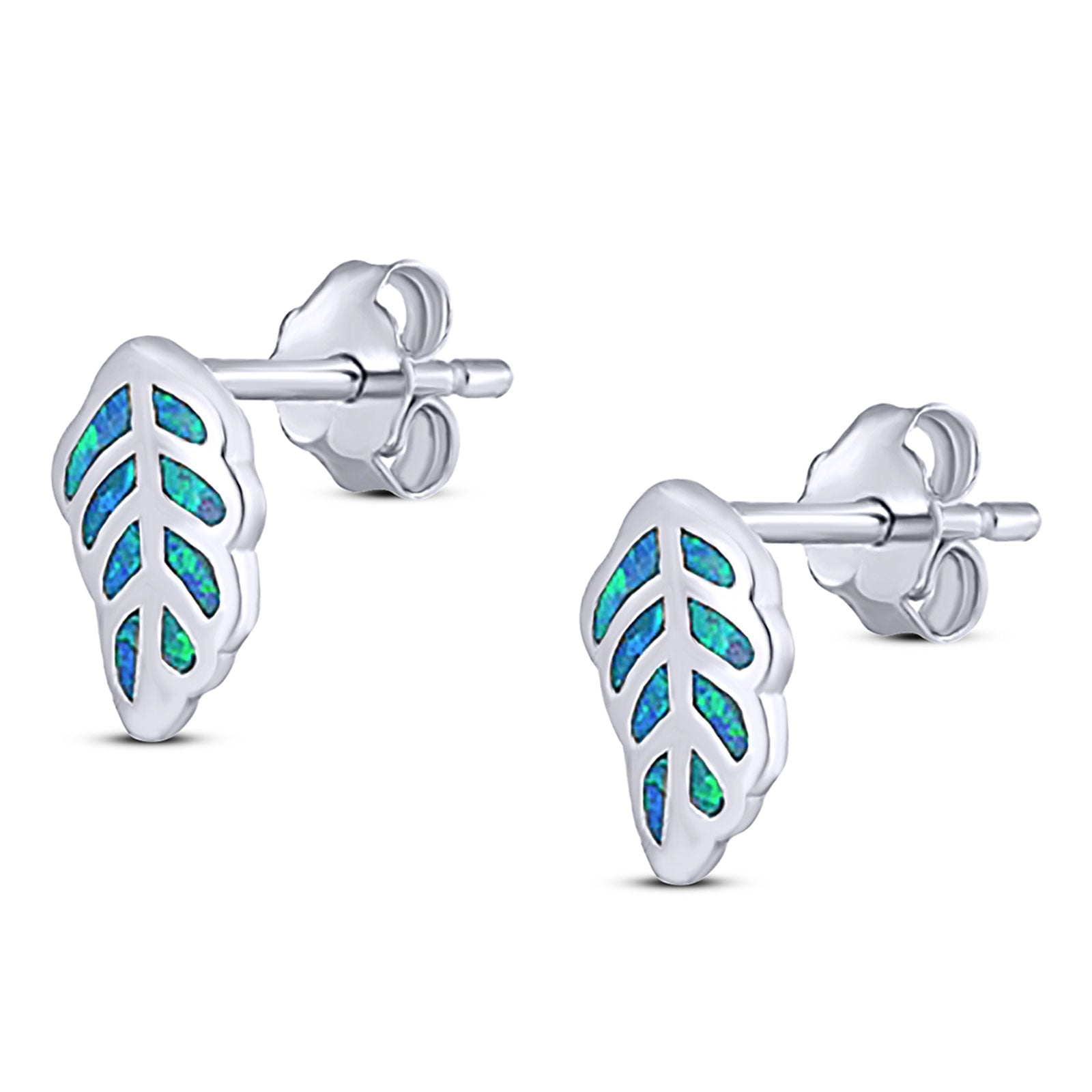 Leaf Stud Earring Created Opal Solid 925 Sterling Silver (10mm)