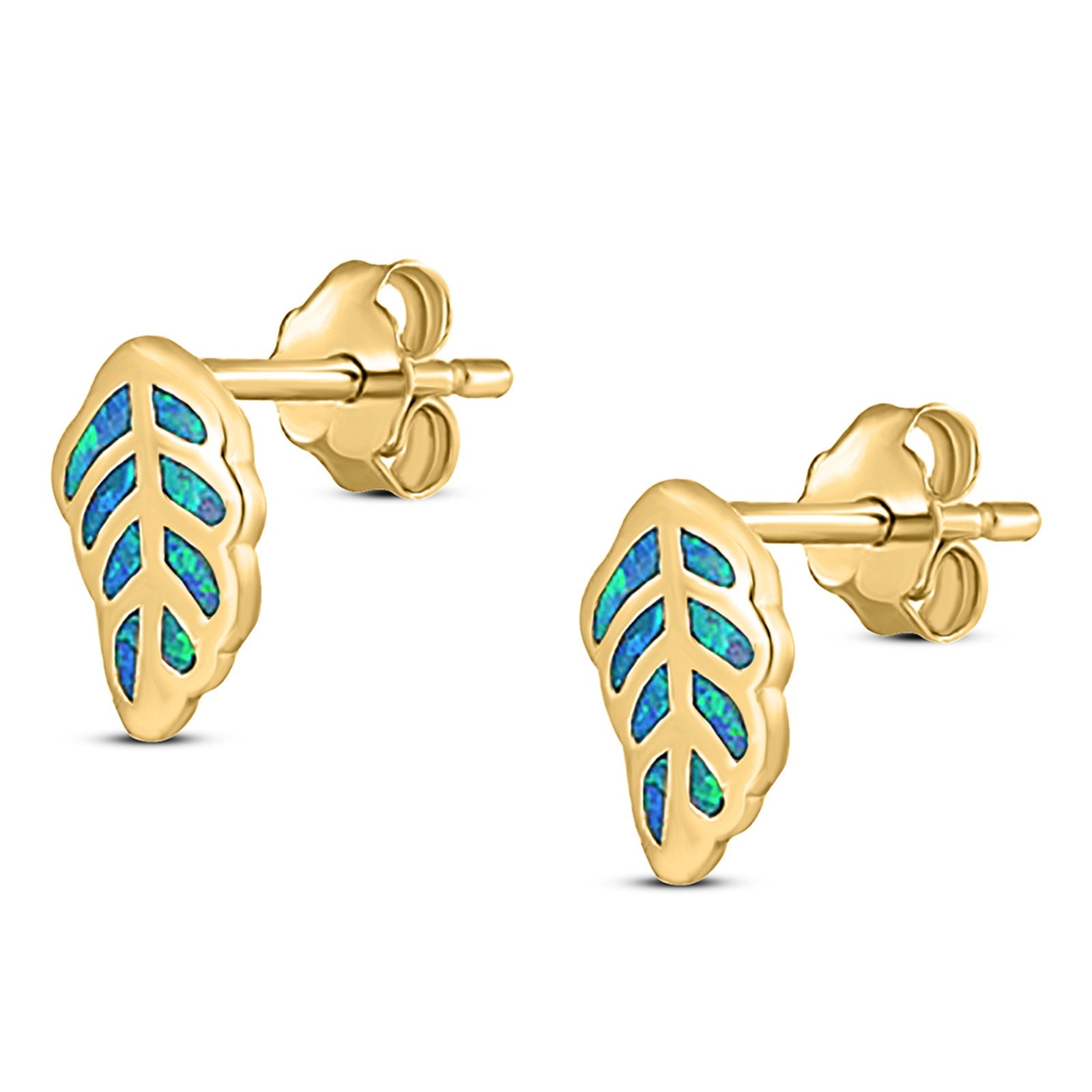 Leaf Stud Earring Created Opal Solid 925 Sterling Silver (10mm)