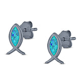 Fish Stud Earring Created Opal Solid 925 Sterling Silver (8.6mm)