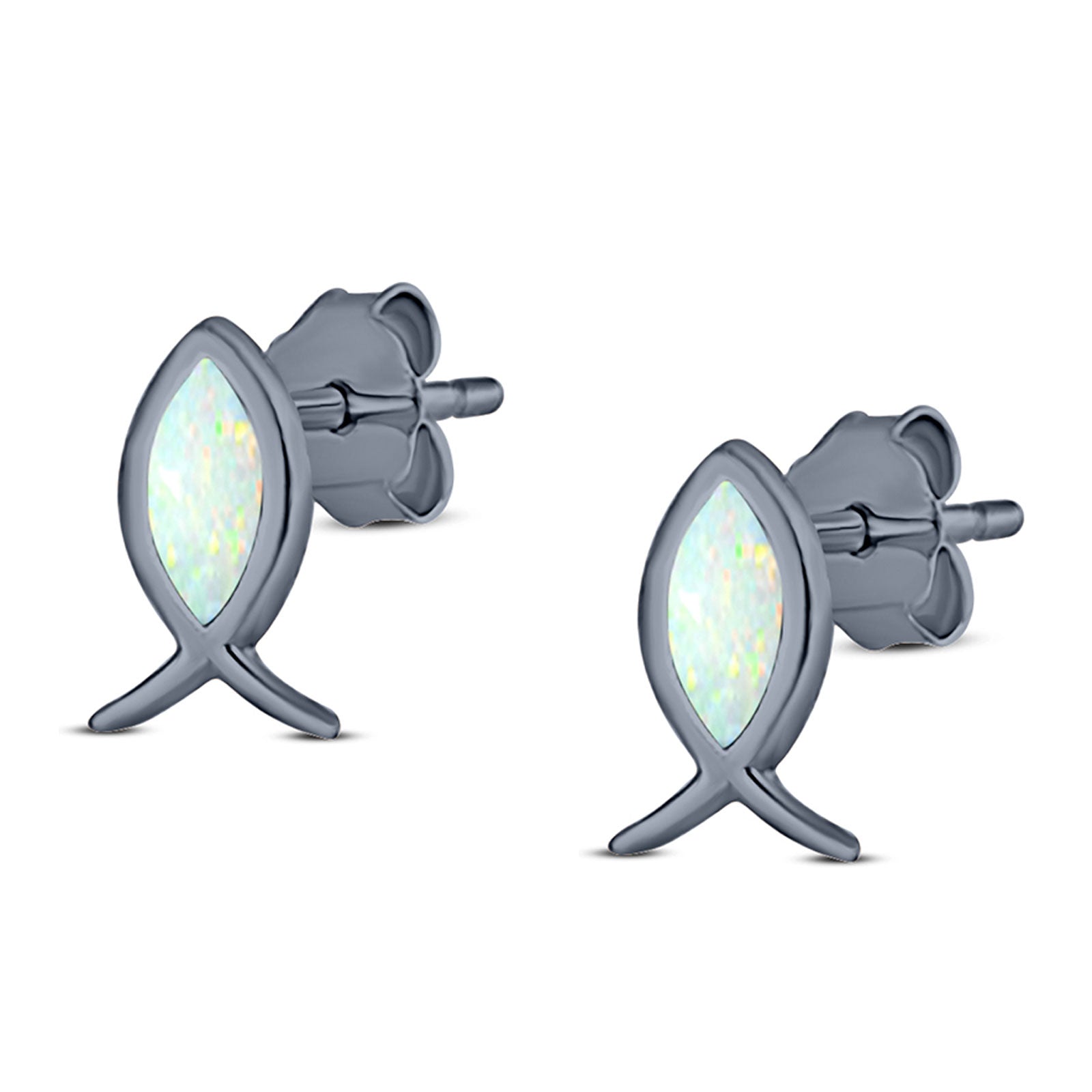 Fish Stud Earring Created Opal Solid 925 Sterling Silver (8.6mm)