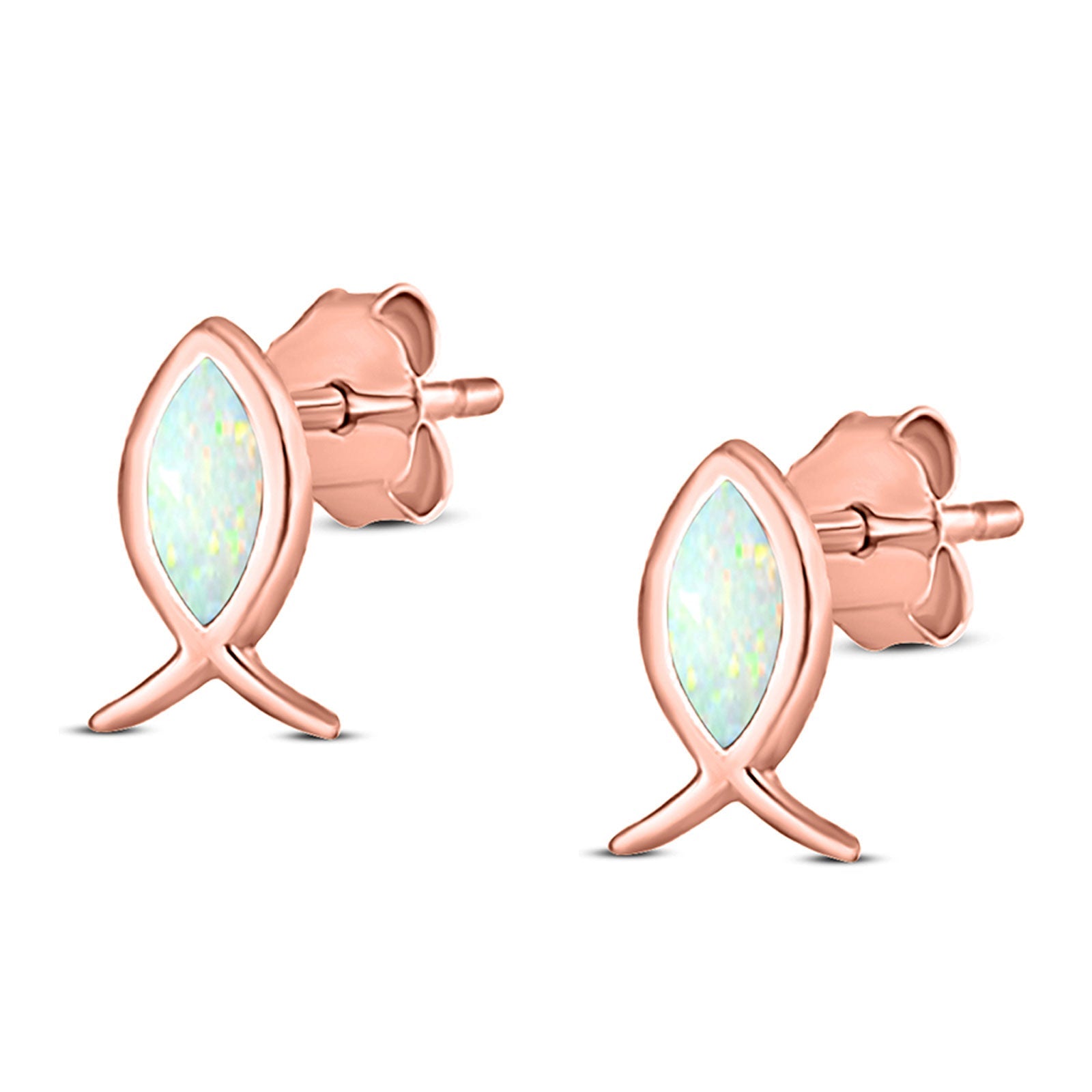 Fish Stud Earring Created Opal Solid 925 Sterling Silver (8.6mm)