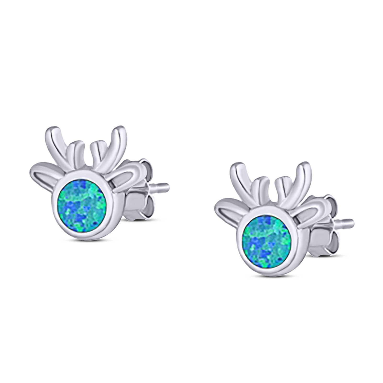 Deer Stud Earring Created Opal Solid 925 Sterling Silver (7.4mm)