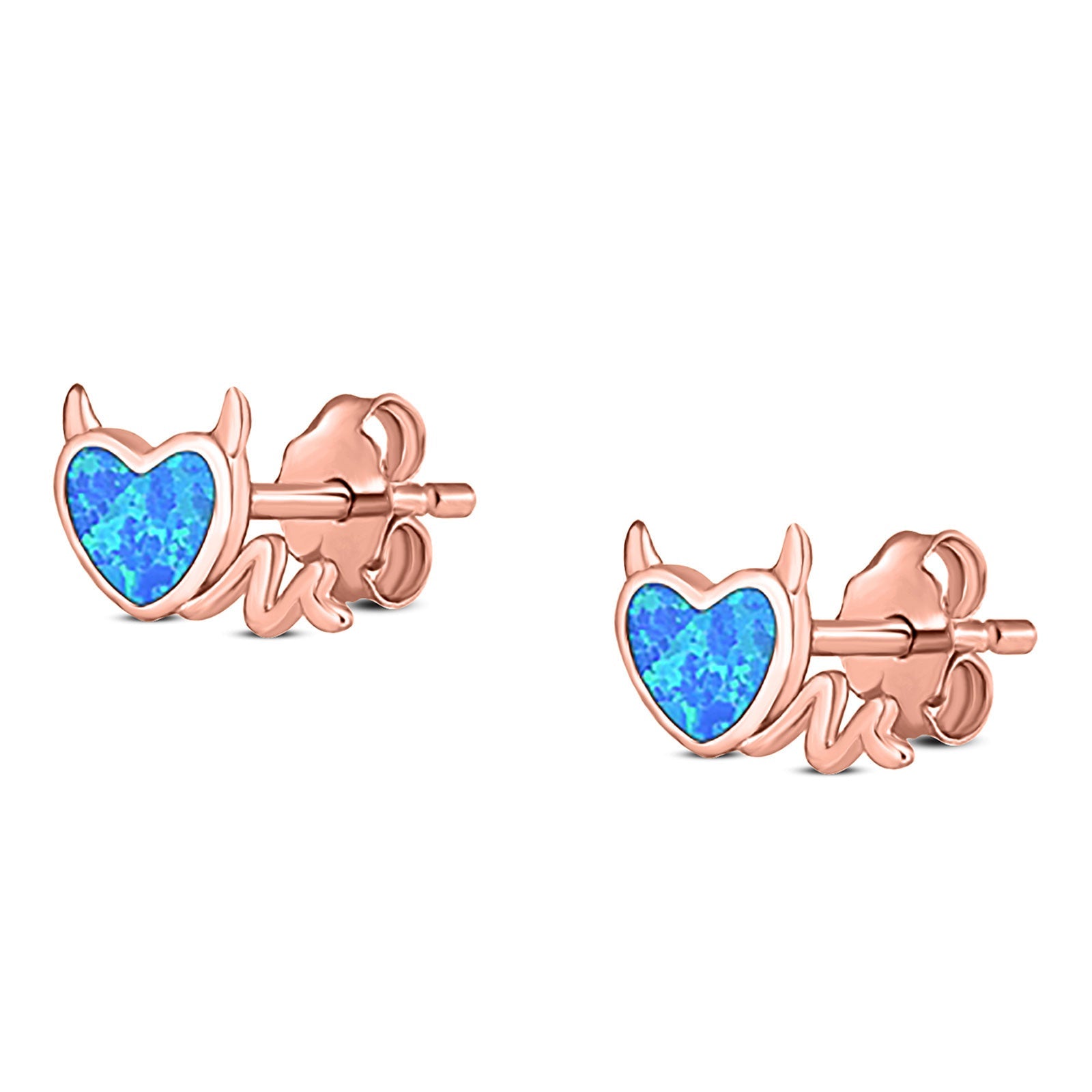 Heart Devil Stud Earring Created Opal Solid 925 Sterling Silver (9.5mm)