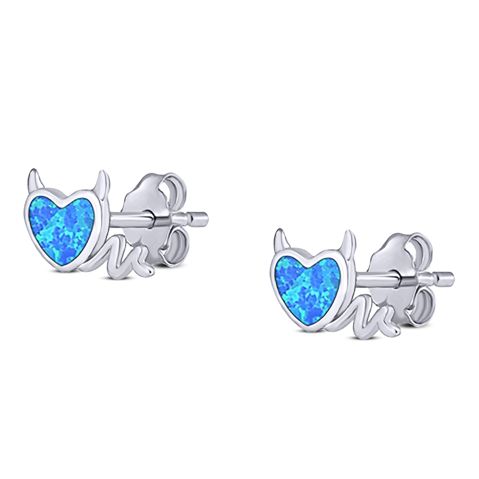 Heart Devil Stud Earring Created Opal Solid 925 Sterling Silver (9.5mm)