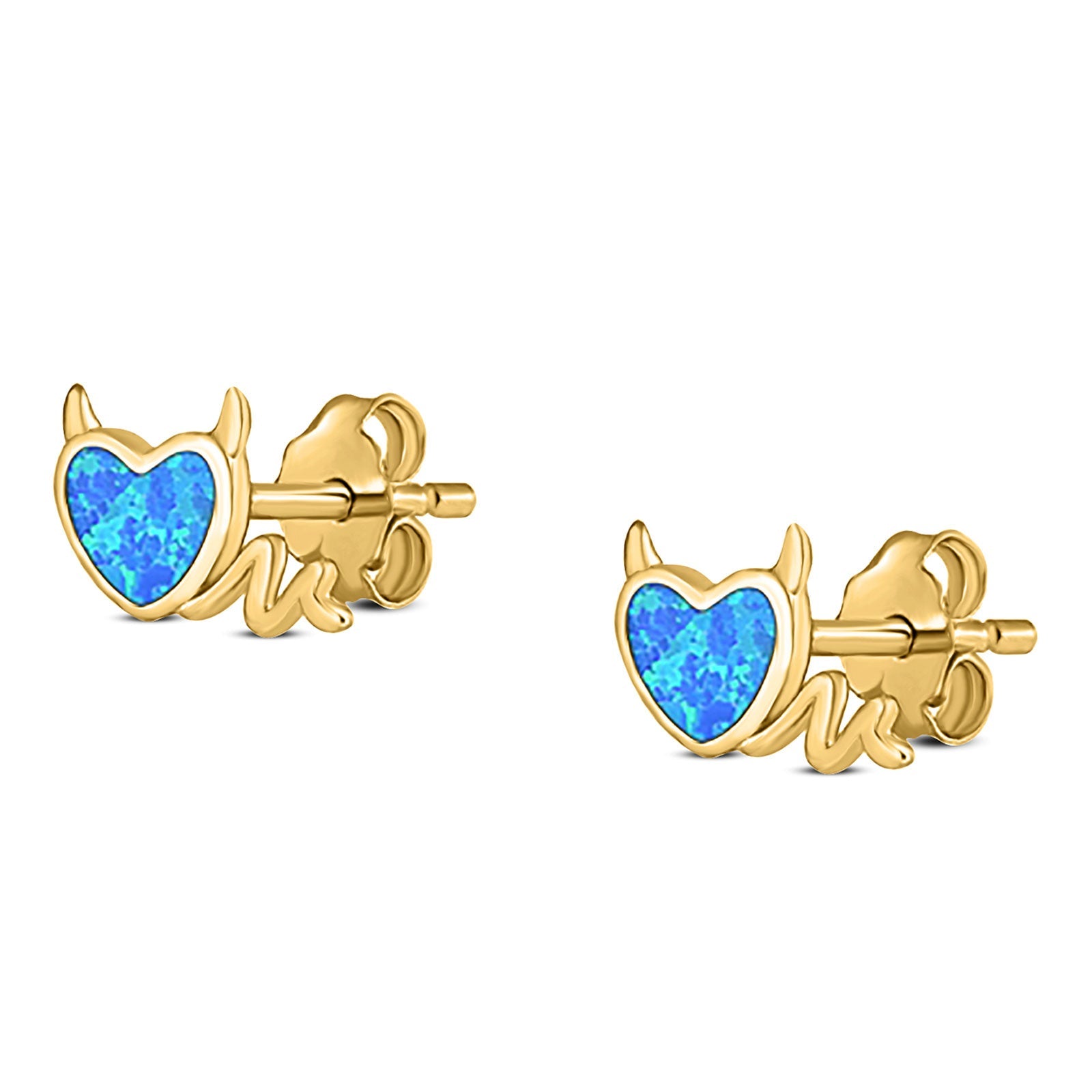 Heart Devil Stud Earring Created Opal Solid 925 Sterling Silver (9.5mm)