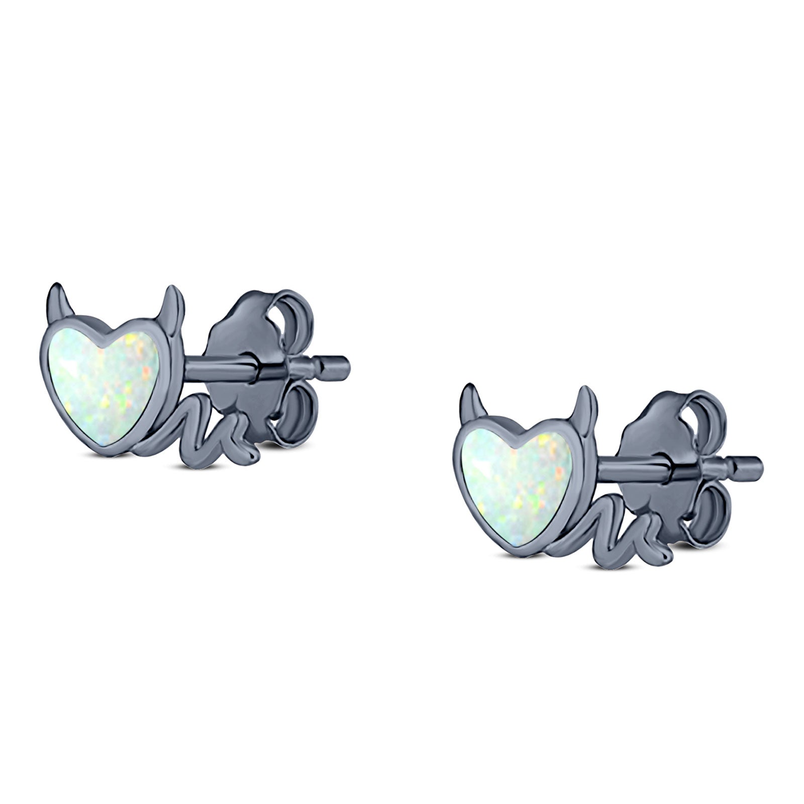 Heart Devil Stud Earring Created Opal Solid 925 Sterling Silver (9.5mm)