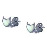 Heart Devil Stud Earring Created Opal Solid 925 Sterling Silver (9.5mm)