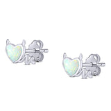 Heart Devil Stud Earring Created Opal Solid 925 Sterling Silver (9.5mm)
