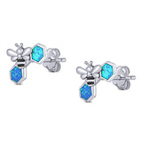 Lucky Honey Bee Print Stud Earring Created Opal Solid 925 Sterling Silver (8.7mm)