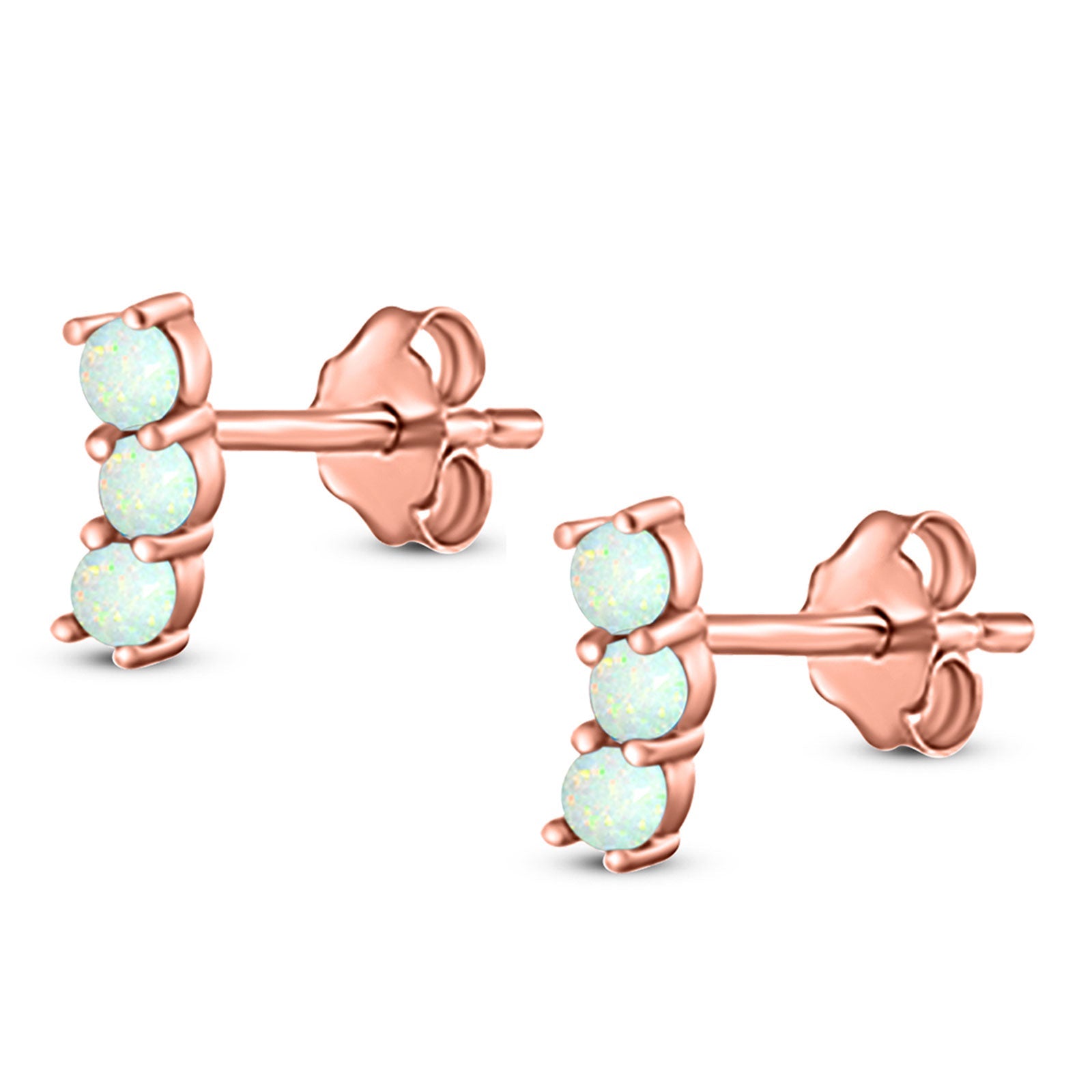 Art Deco Three Stone Style Stud Earring Round Created Opal Solid 925 Sterling Silver (7mm)