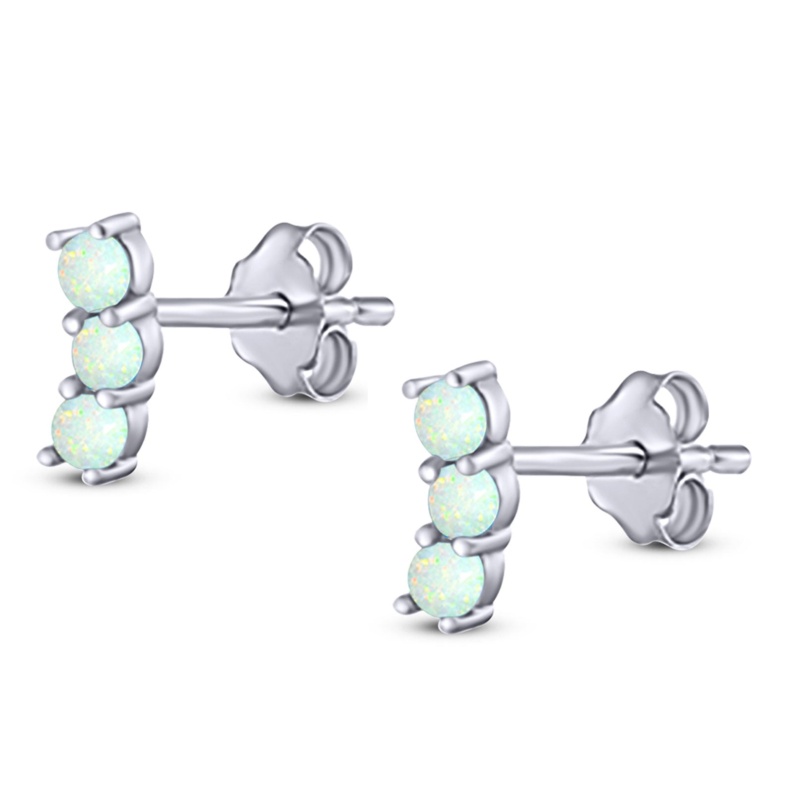 Art Deco Three Stone Style Stud Earring Round Created Opal Solid 925 Sterling Silver (7mm)