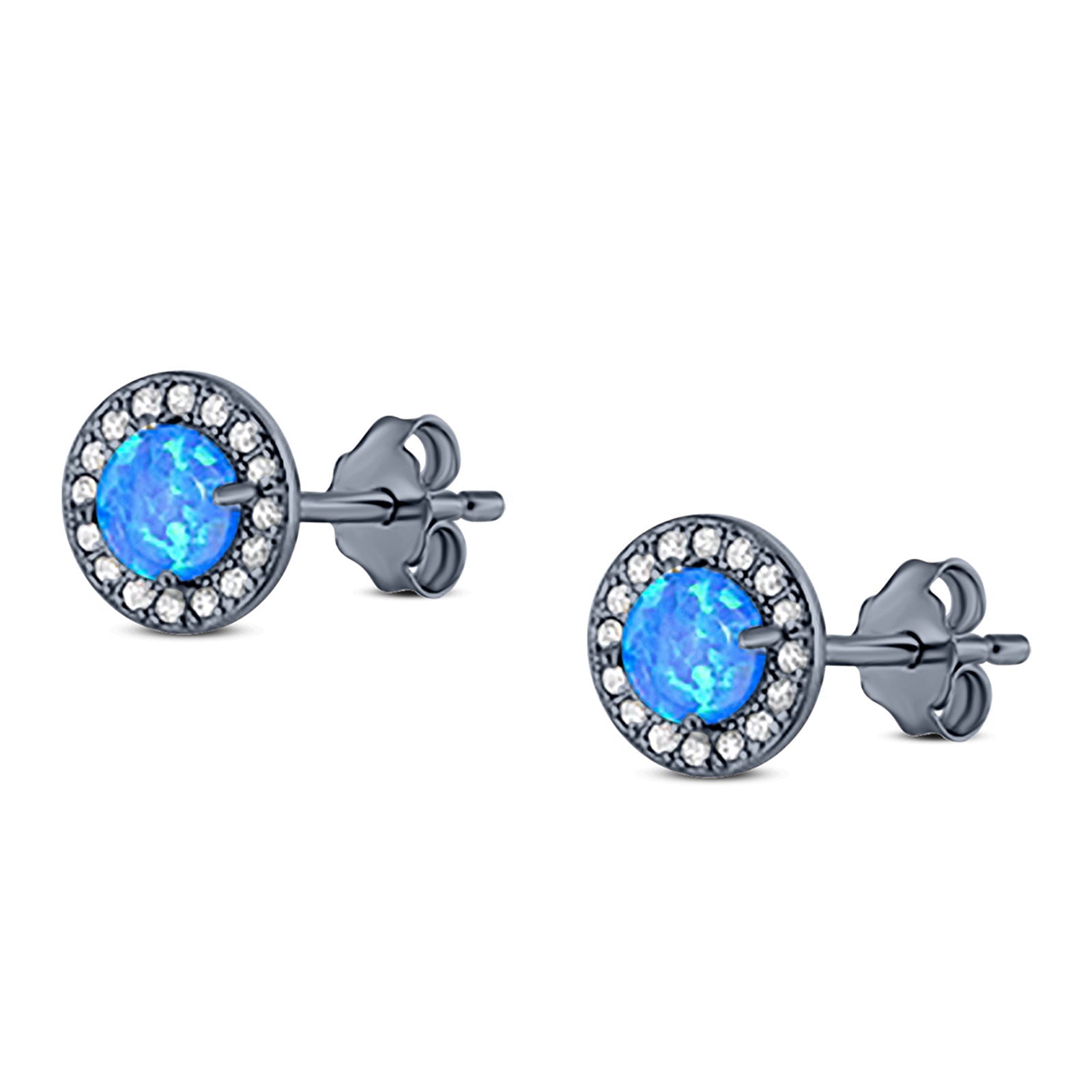 Halo Art Deco Stud Earring Round Simulated Cubic Zirconia Created Opal Solid 925 Sterling Silver (8.2mm)