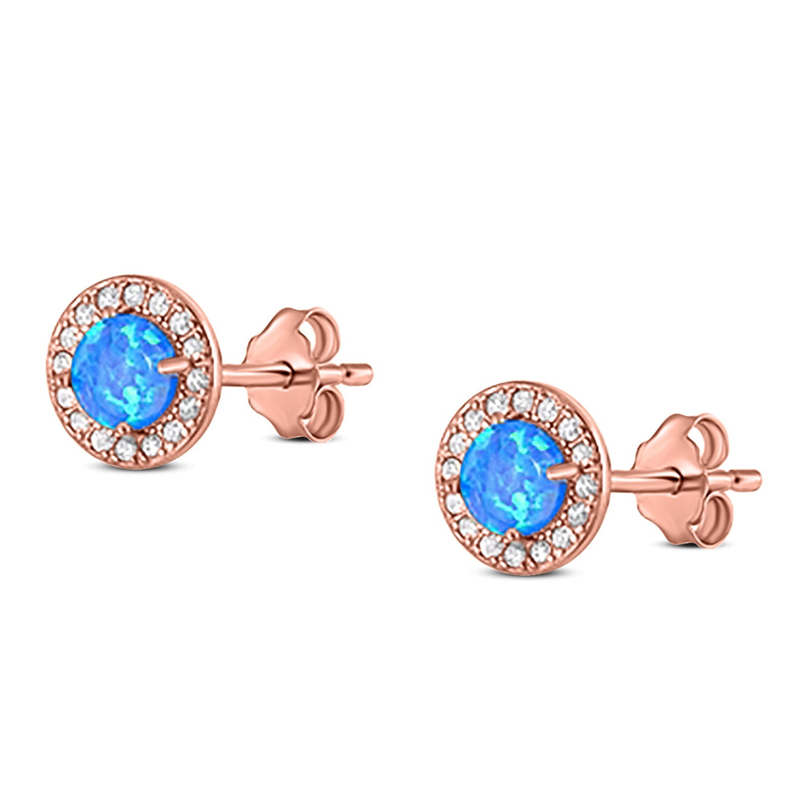 Halo Art Deco Stud Earring Round Simulated Cubic Zirconia Created Opal Solid 925 Sterling Silver (8.2mm)