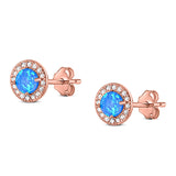 Halo Art Deco Stud Earring Round Simulated Cubic Zirconia Created Opal Solid 925 Sterling Silver (8.2mm)
