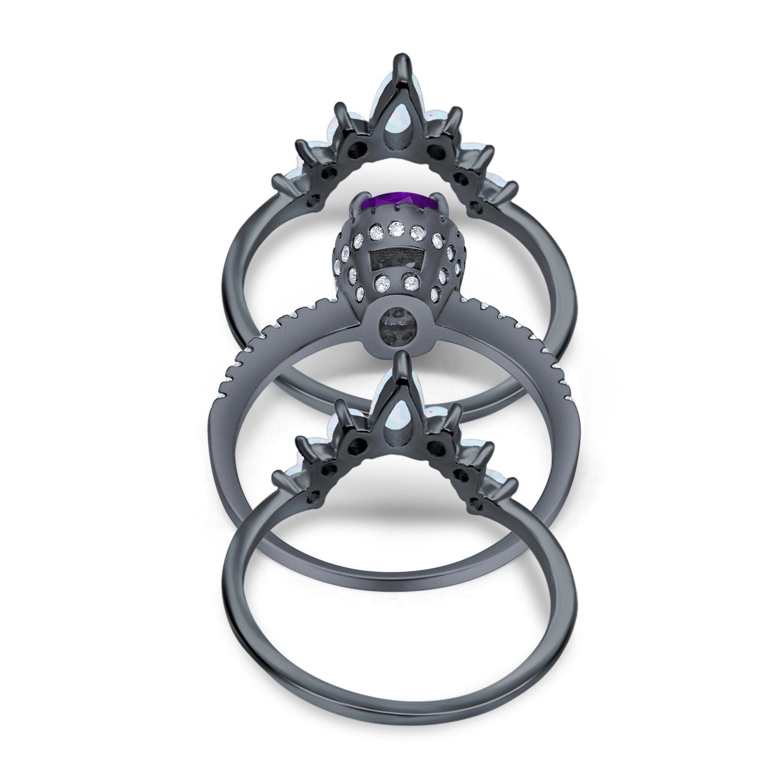 Three Piece Set Oval Lab White Opal Teardrop Art Deco Wedding Ring Vintage Band Simulated Cubic Zirconia Solid 925 Sterling Silver