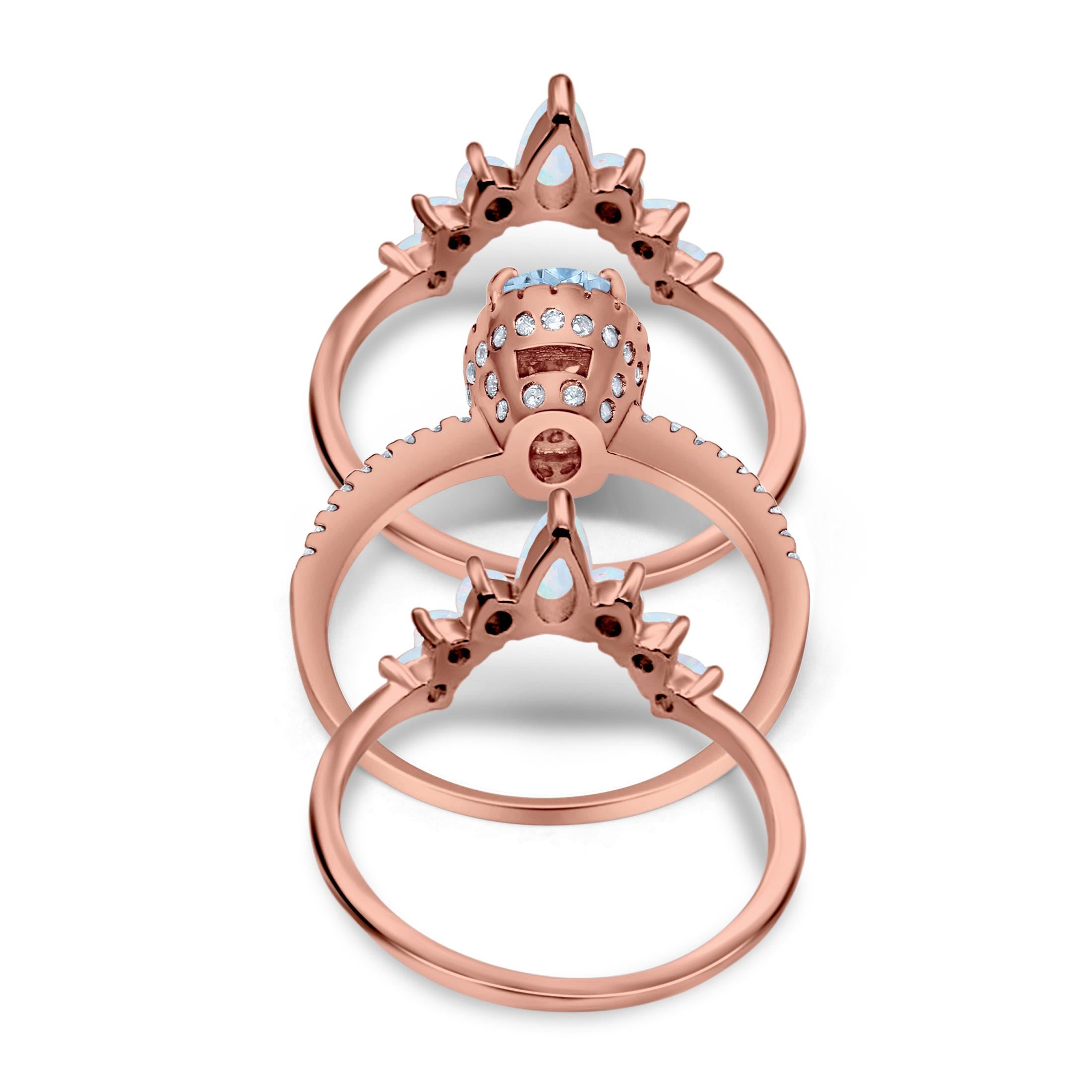 Three Piece Set Oval Lab White Opal Teardrop Art Deco Wedding Ring Vintage Band Simulated Cubic Zirconia Solid 925 Sterling Silver