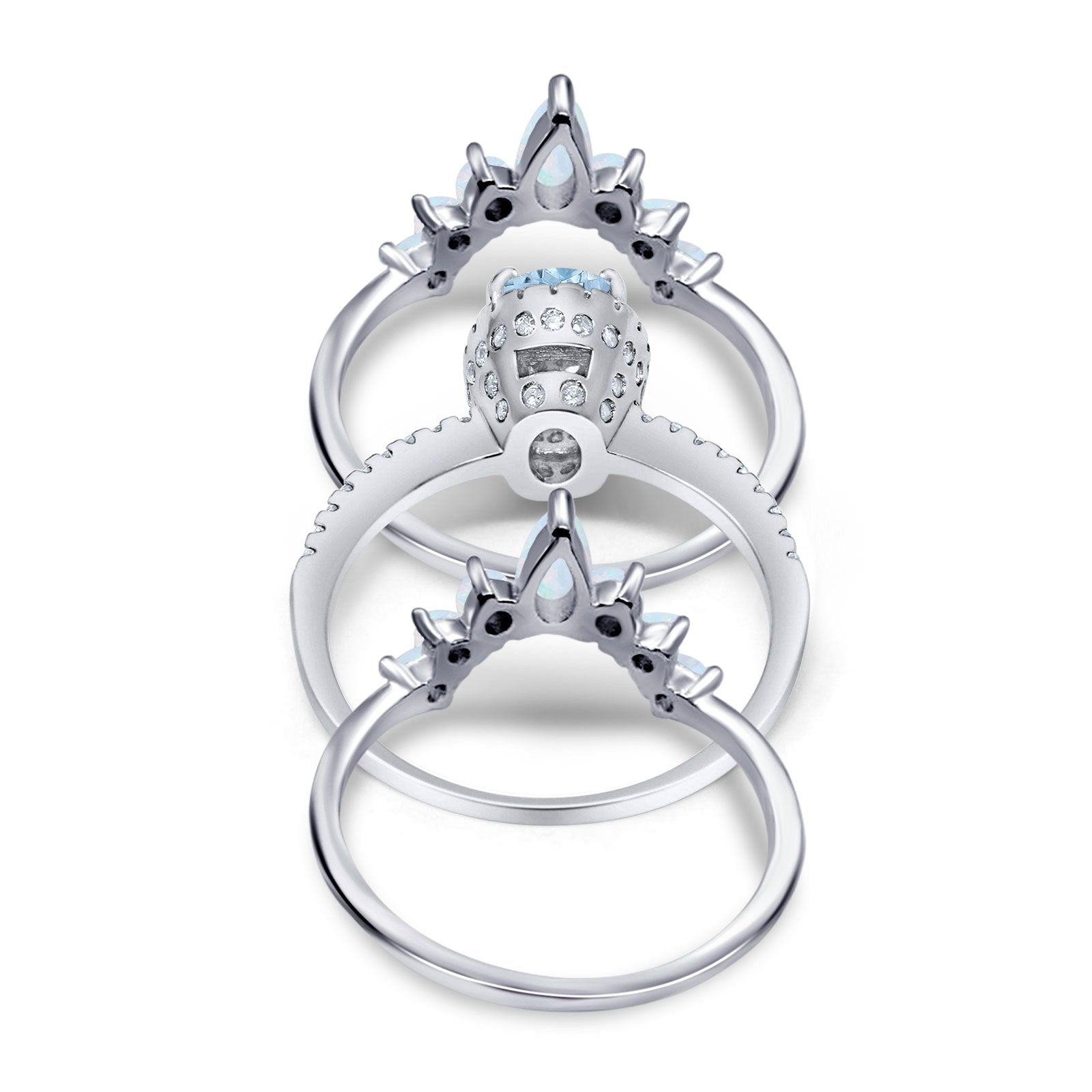 Three Piece Set Oval Lab White Opal Teardrop Art Deco Wedding Ring Vintage Band Simulated Cubic Zirconia Solid 925 Sterling Silver