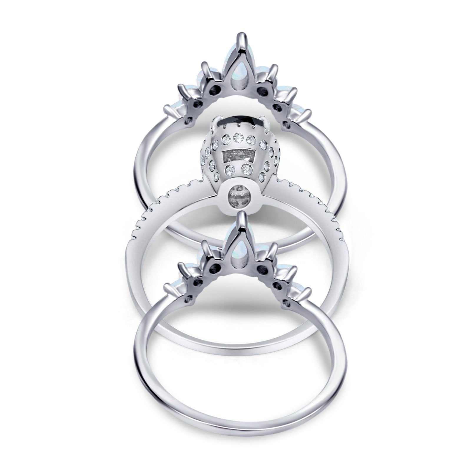 Three Piece Set Oval Lab White Opal Teardrop Art Deco Wedding Ring Vintage Band Simulated Cubic Zirconia Solid 925 Sterling Silver