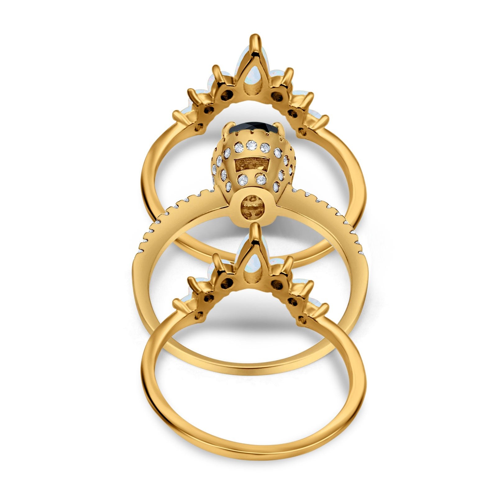 Three Piece Set Oval Lab White Opal Teardrop Art Deco Wedding Ring Vintage Band Simulated Cubic Zirconia Solid 925 Sterling Silver