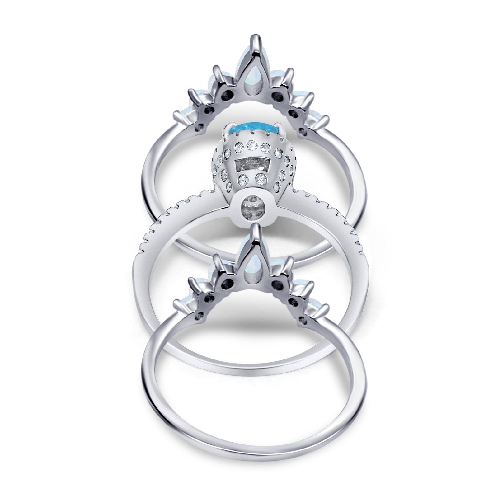 Three Piece Set Oval Lab White Opal Teardrop Art Deco Wedding Ring Vintage Band Simulated Cubic Zirconia Solid 925 Sterling Silver