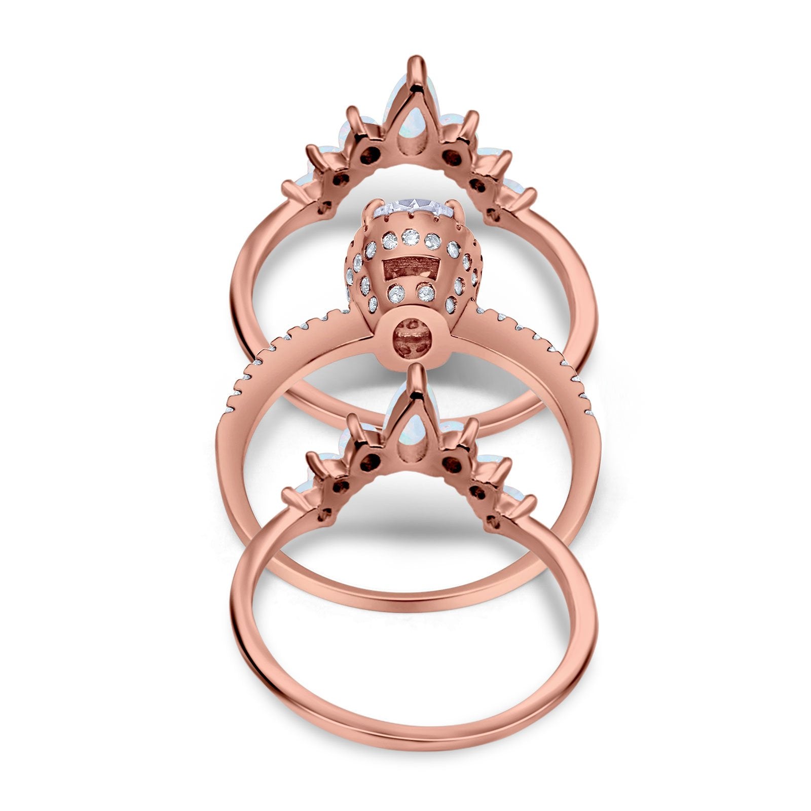 Three Piece Set Oval Lab White Opal Teardrop Art Deco Wedding Ring Vintage Band Simulated Cubic Zirconia Solid 925 Sterling Silver