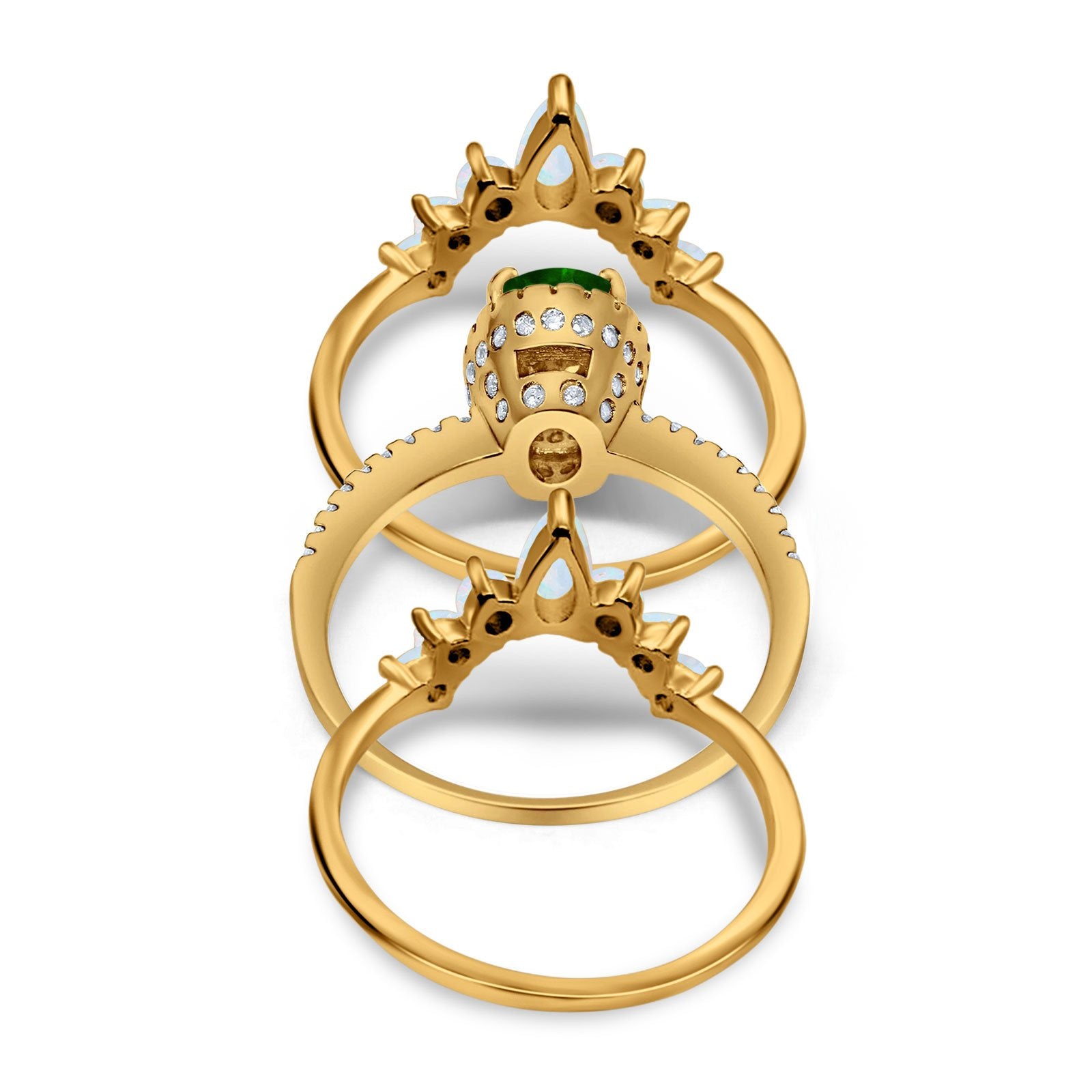 Three Piece Set Oval Lab White Opal Teardrop Art Deco Wedding Ring Vintage Band Simulated Cubic Zirconia Solid 925 Sterling Silver