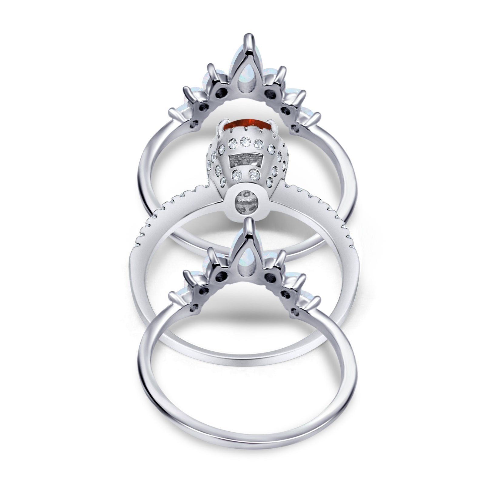 Three Piece Set Oval Lab White Opal Teardrop Art Deco Wedding Ring Vintage Band Simulated Cubic Zirconia Solid 925 Sterling Silver