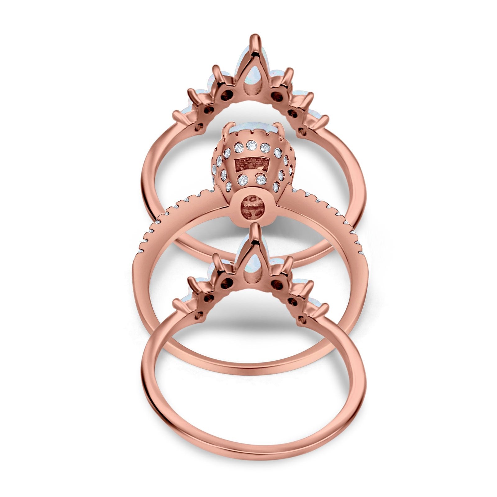 Three Piece Set Oval Lab White Opal Teardrop Art Deco Wedding Ring Vintage Band Simulated Cubic Zirconia Solid 925 Sterling Silver